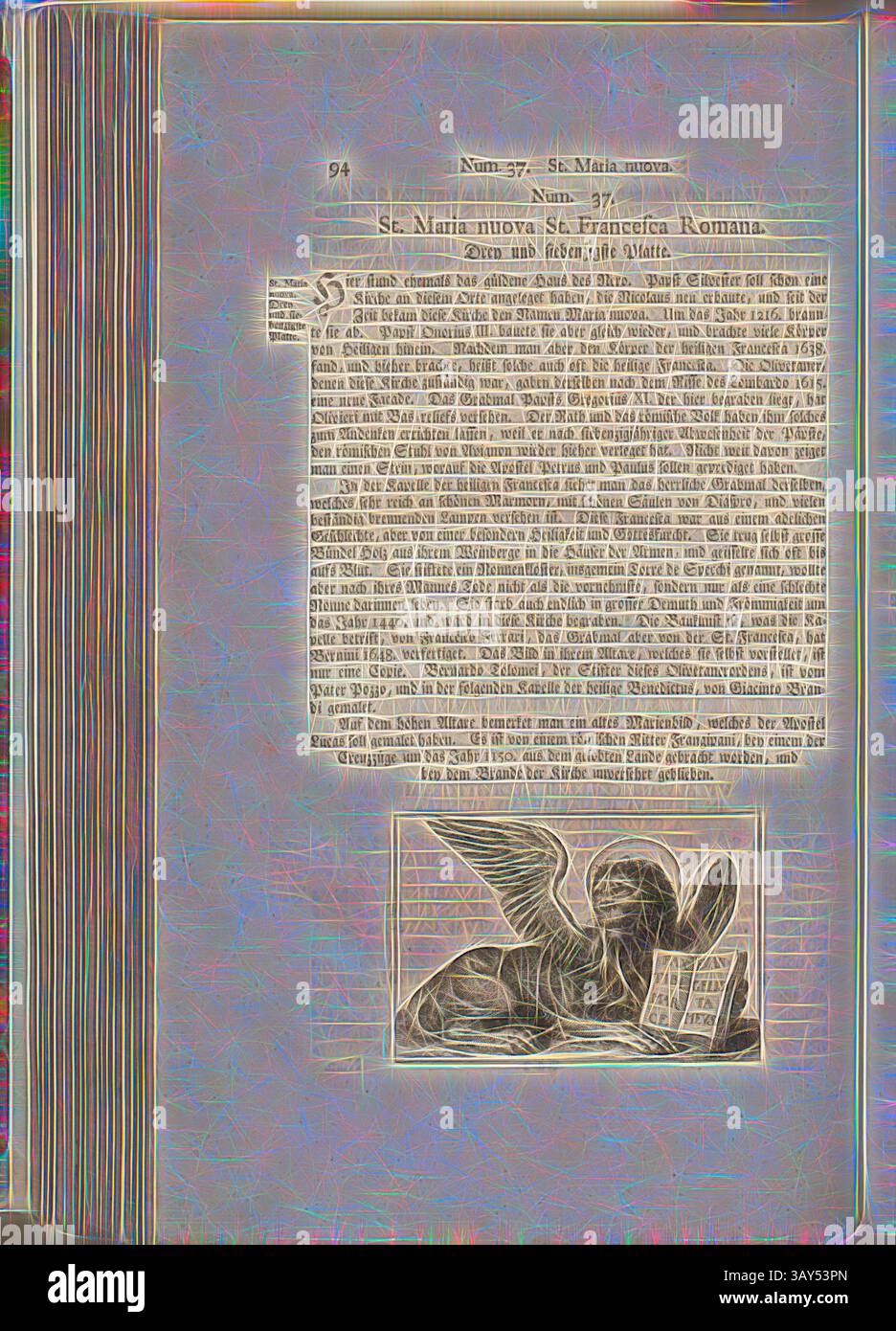 Représentation artistique d'un personnage ailé lissant entouré d'un texte imprimé, y compris les descriptions de la formation Maria nuova et de la formation Francesca Romana, ainsi que des informations historiques détaillées. La composition globale combine imagerie et typographie pour transmettre des thèmes théologiques., Markuslöwe, symbole de la République de Venise, Fig. 56, p. 94, Offizin Endter Nürnberg (imp.), 1775, Joachim von Sandrart :Teutsche Academie der Bau- Bildhauer- und Maler-Kunst : worinn die Regeln und Lehrsätze dieser Künste gegegeben, nicht weniger zu mehrerer Erläuterung die besten Exempel der alten und neuen Künstler Banque D'Images