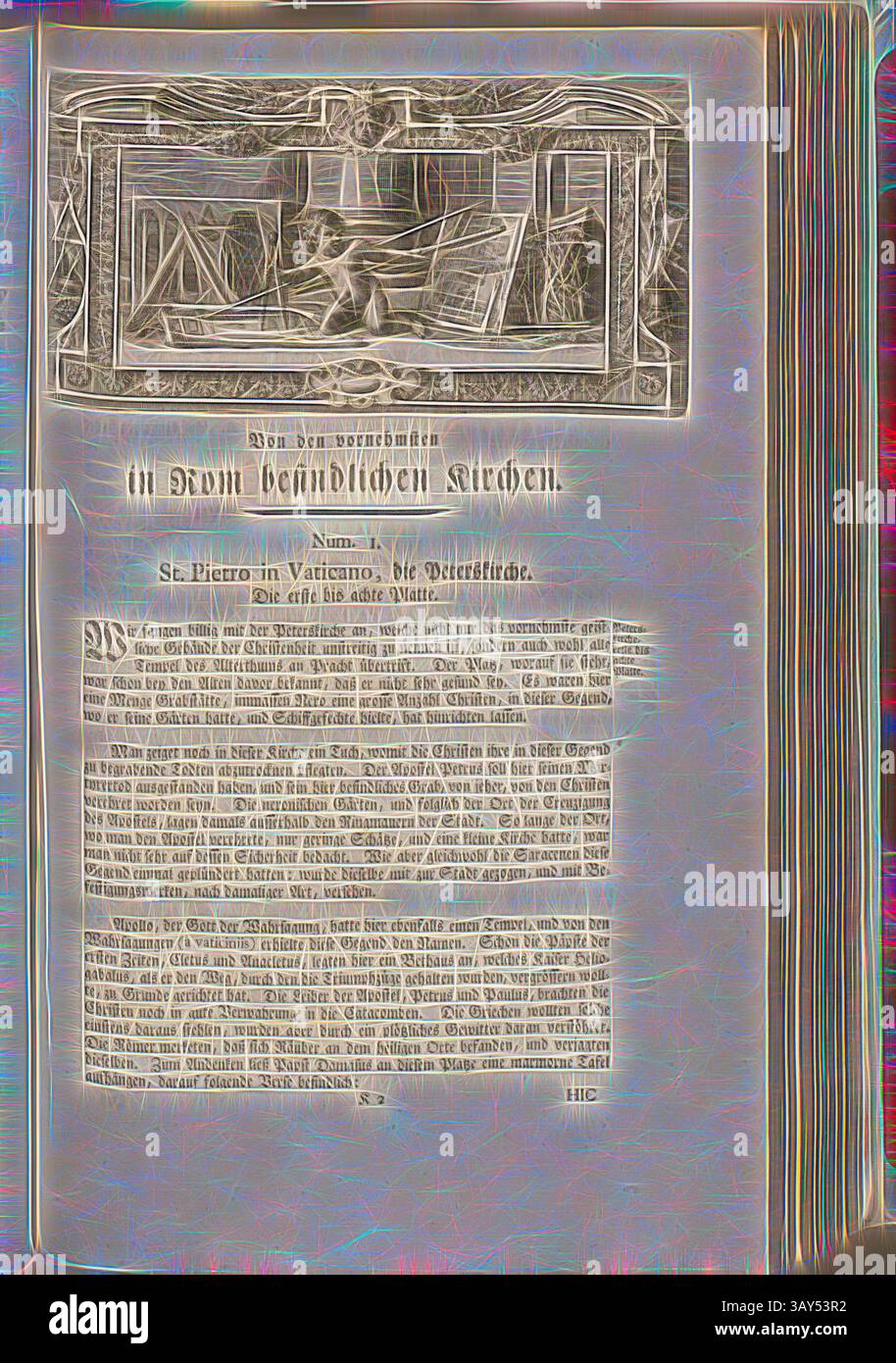 Une page ornée d'illustrations complexes et de bordures décoratives, avec un texte détaillant l'histoire et l'architecture de Pierre au Vatican. Le design combine des éléments classiques avec une typographie élégante, améliorant le contexte historique du sujet., architecture, Putto avec un dessin architectural, Fig. 55, p. 35, Offizin Endter Nürnberg (imp.), 1775, Joachim von Sandrart :Teutsche Academie der Bau- Bildhauer- und Maler-Kunst : worinn die Regeln und Lehrsätze dieser Künste gegegeben, nicht weniger zu mehrerer Erläuterung die besten Exempel der alten und neuen Künstler Banque D'Images