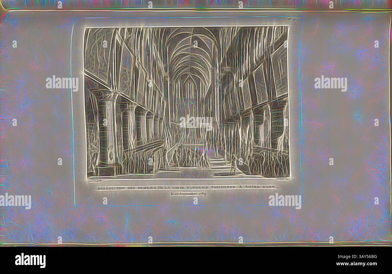 Une conception architecturale complexe met en valeur un grand espace intérieur avec des colonnes imposantes et des arches détaillées, menant à un plafond magnifiquement voûté. La lumière se déverse, projetant des ombres éthérées sur la scène, rehaussant le sentiment de profondeur et de grandeur., bénédiction des drapeaux de la Garde nationale de Paris à notre Dame le 27 septembre 1789, bénédiction des drapeaux par Antoine-Éléonor-Léon Leclerc de Juigné dans la cathédrale notre-Dame de Paris, signée Prieur inv. Et del, Berthault Sculp, Fig. 37, non. 27, après p. 108 (vingt-septième tableau), Prieur, Jean-Louis (inv. Et del.) ; Berthault, Pierre Banque D'Images