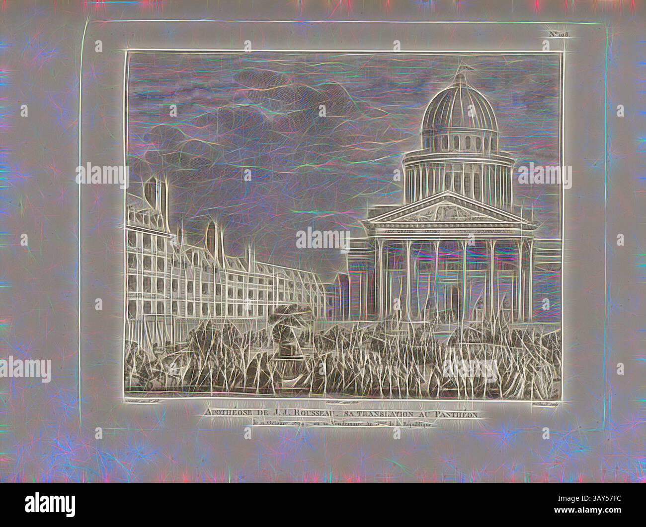 Une représentation complexe met en valeur une grande structure architecturale avec un toit en dôme, entourée d'élégants bâtiments. Le premier plan présente un paysage texturé, faisant allusion à une atmosphère animée, tandis qu'un ciel dramatique se profile au-dessus du ciel, ajoutant de la profondeur à la scène., Apotheosis of J. J. Rousseau, sa traduction au Panthéon, 11 octobre 1794, ou 20 Vendémaire an 3. De la République, les restes de Jean-Jacques Rousseau sont transférés au Panthéon de Paris le 11 octobre 1794, signé Girardet inv. Et del, Girardet aqua forti ; Berthault Sculp, Fig. 41, non. 108, après p. 436 (cent-huitième tableau Banque D'Images
