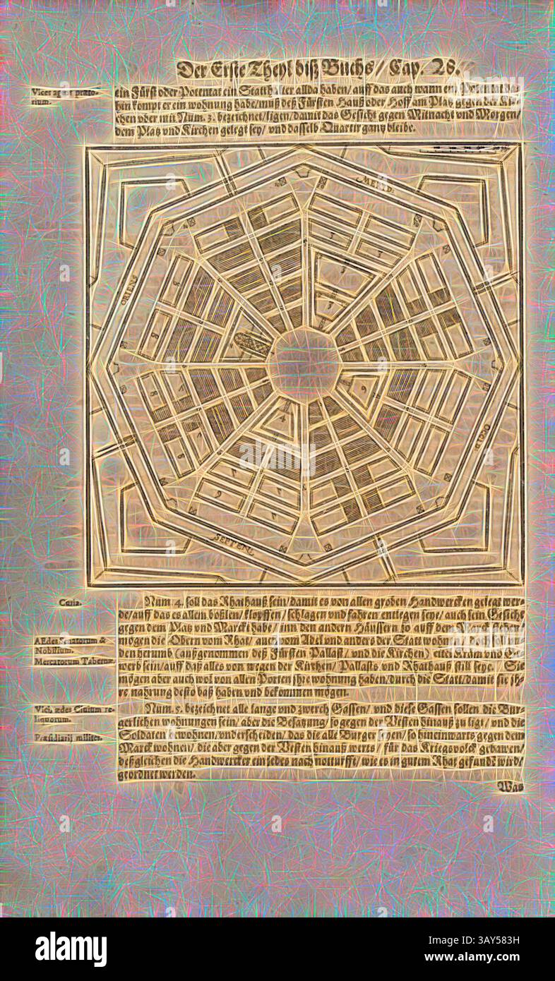 Un design géométrique complexe avec une forme octogonale centrale, entouré d'une série de chemins et de compartiments, tous ornés de texte orné en allemand, transmettant un contexte historique ou une instruction. Le plan d'ensemble suggère un plan structuré ou une carte., fortification de la ville 1, plan d'étage d'une fortification de la ville du XVIe siècle, Fig. 2, p. 175, 1599, Daniel Specklin : Architectura von Vestungen, wie die zu unsern Zeiten, an Stätten, Schlössern und Claussen, zu Wasser, Land, Berg und Thal mit ihren Bollwercken, Cavaliren, Streichen, Gräben und Läuffen mögen erbawet, auch wie solche zur Banque D'Images