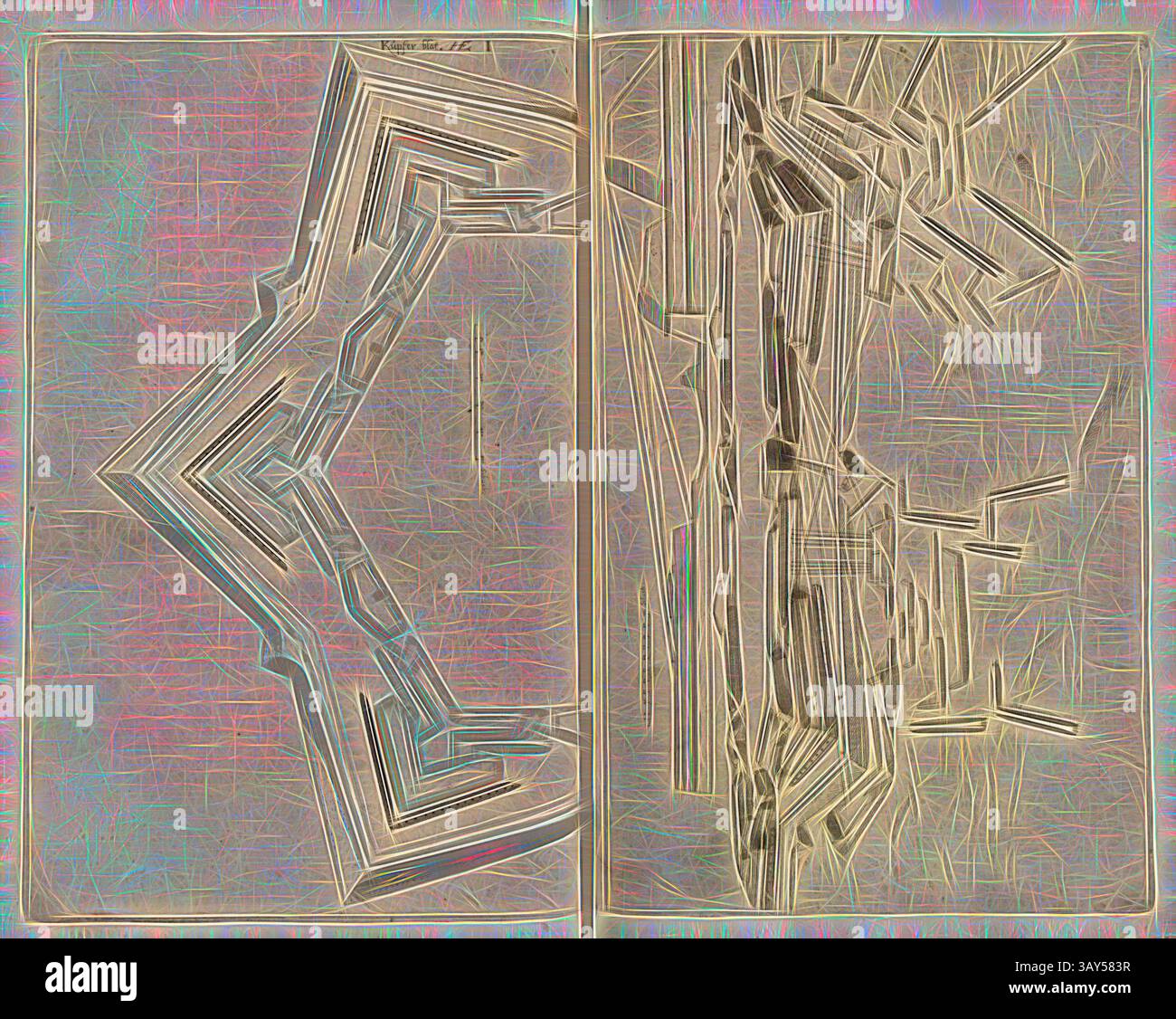 Un design abstrait avec des motifs géométriques complexes et des lignes nettes, créant une sensation de profondeur et de dimensionnalité. La composition évoque un sentiment de mouvement et de complexité, car les formes s’entrelacent et se croisent de manière captivante., fortification de la ville 2, plan d’étage et vue d’une fortification du XVIe siècle, Fig. 3 & 4, p. 188 & 189, 1599, Daniel Specklin : Architectura von Vestungen, wie die zu unsern Zeiten, an Stätten, Schlössern und Claussen, zu Wasser, Land, Berg und Thal mit ihren Bollwercken, Cavaliren, Streichen, Gräben und Läuffen mögen erbawet, auch wie solche zur Gegenwehr Banque D'Images