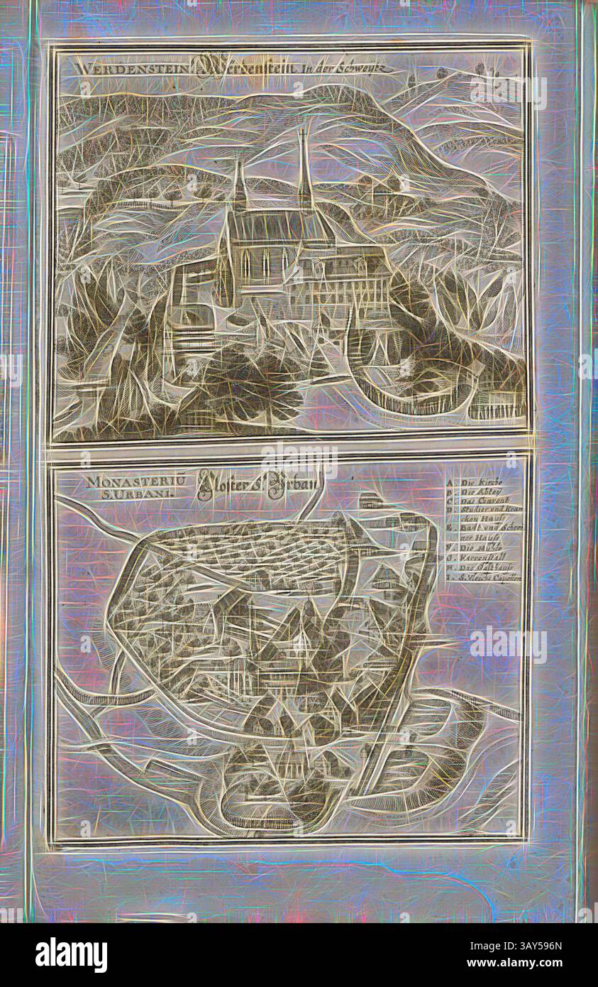Une représentation artistique détaillée comprenant deux scènes : la partie supérieure représente un bâtiment majestueux entouré de montagnes, tandis que la partie inférieure illustre un plan détaillé d'un monastère et de ses environs, mettant en valeur une architecture complexe et des éléments naturels., Werdenstein dans le Schweytz et le Closter S. Urban, le monastère Werthenstein et le monastère urbain dans le canton de Lucerne, Fig. 81, p. 88, Matthaeus Merian der Ältere : Topographia Helvetiae, Rhaetiae, et Valesiae : das ist, Beschreibung und eygentliche Abbildung der vornehmsten Stätte und Plätze in der hochlöblichen Banque D'Images