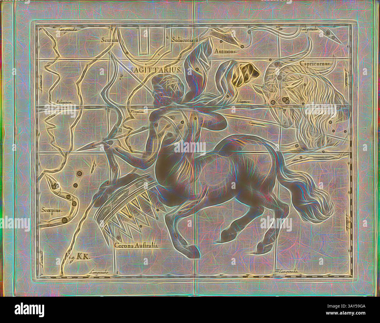 Une représentation de la constellation du Sagittaire, avec un centaure avec un arc, entouré de cartes célestes et de symboles représentant divers signes astrologiques. La scène transmet un sens de la mythologie et de l'astronomie, mettant en évidence le lien entre les étoiles et les histoires anciennes., Sagittaire, carte de la constellation du Sagittaire, Fig. 38, Fig. KK, à la p. 21, Johannes Hevelius, Johann Ernst von Schmieden : Johannis Hevelii prodromus astronomiae, expose fundamenta, quae tam ad novum planè & correctiorem stellarum fixarum catalogum construendeum, quàm ad onmium planetarum tabulas Banque D'Images