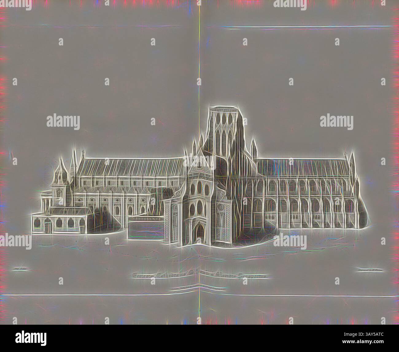 Une représentation architecturale détaillée d'une grande cathédrale gothique, mettant en valeur sa façade complexe, ses flèches imposantes et ses entrées élaborées. La conception souligne la présence majestueuse et l'importance historique du bâtiment., la cathédrale de tous Paul de perspective de midi, Old St Paul's Cathedral à Londres, signé : après Hollar ; gravé par W. Find ; publié par Lackington & Co et Longman & Co, PL. XXXVI, après p. 108, Hollar, Wenzel (dessin) ; Finden, W. (gravure) ; Lackington & Co (publ.) ; Longman & Co (publ.), William Dugdale, Henry Ellis : The history of Saint Paul's Cathedral Banque D'Images