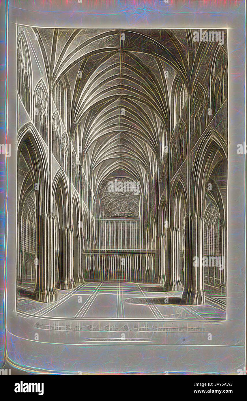 Un grand intérieur architectural avec de hauts plafonds voûtés et des arches complexes, illuminé par un grand vitrail orné à l'extrémité, créant un sentiment de majesté et de tranquillité., ECD oriental. CATH. Sri. La perspective intérieure Paul, partie orientale de la vieille cathédrale Saint-Paul de Londres, signée : après Hollar ; gravée par W. Find ; publiée par Lackington & Co et Longman & Co, PL. XLIV, à la p. 108, Hollar, Wenzel (dessin) ; Finden, W. (gravure) ; Lackington & Co (publ.) ; Longman & Co (publ.), William Dugdale, Henry Ellis : The history of Saint Paul's Cathedral in London, de Banque D'Images