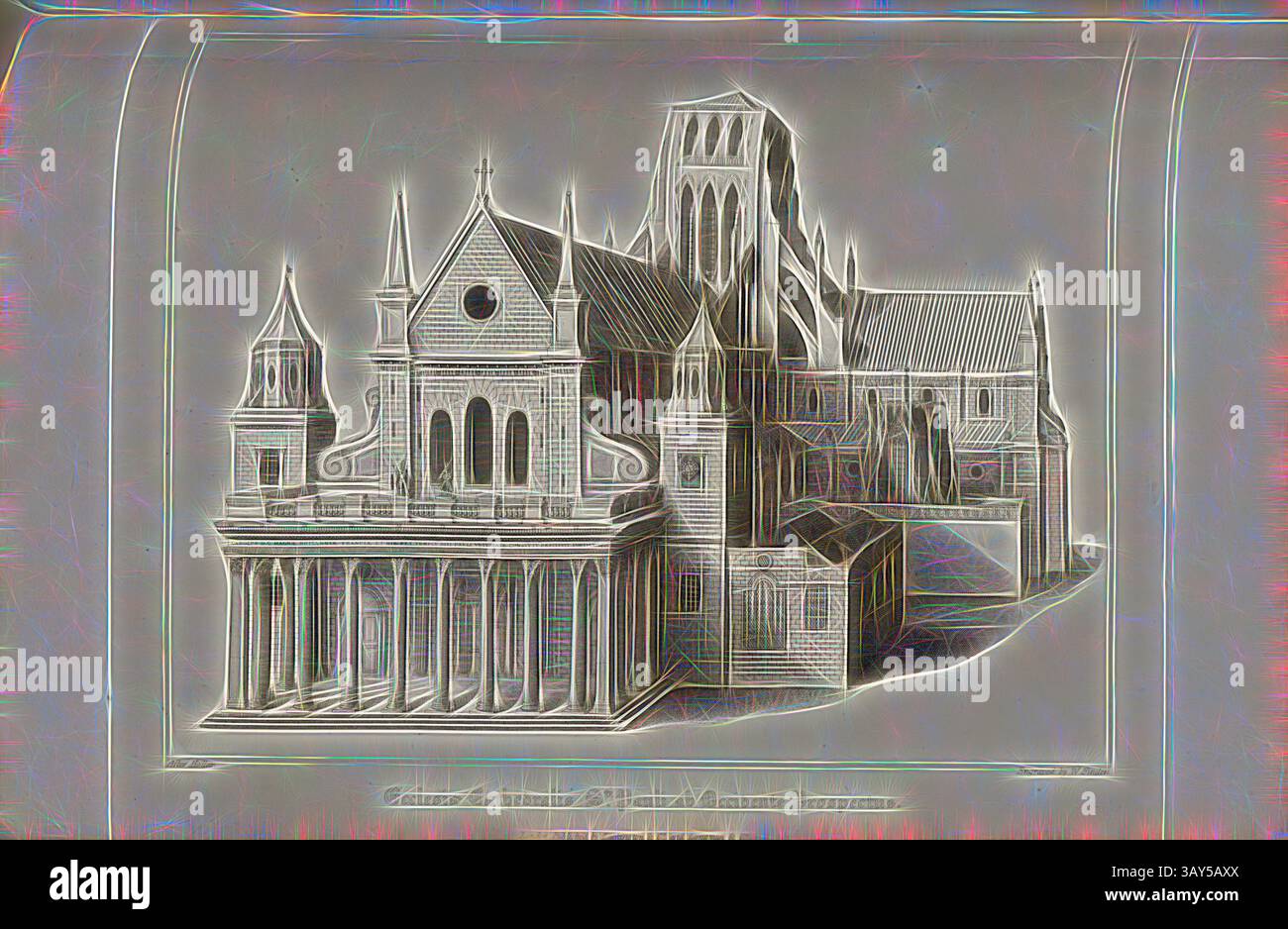 Une illustration détaillée d'une grande cathédrale historique, avec des éléments architecturaux complexes tels que des flèches, des arches, et une façade proéminente, sur un fond stylisé qui rehausse sa grandeur., Cathedral of dispositifs Paul from the West perspective, Old St Paul's Cathedral in London, signed : After Hollar ; graved by W. Find ; publié par Lackington & Co et Longman & Co, PL. XXXVIII, à la p. 108, Hollar, Wenzel (dessin) ; Finden, W. (gravure) ; Lackington & Co (publ.) ; Longman & Co (publ.), William Dugdale, Henry Ellis : The history of Saint Paul's Cathedral in London, from its ITS Banque D'Images