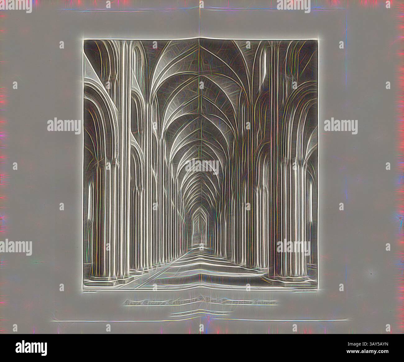 L'intérieur spacieux présente des arches et des détails complexes, créant une sensation de grandeur et de profondeur dans un vaste espace voûté. La perspective attire le regard le long d'un chemin symétrique, soulignant l'élégance architecturale des colonnes et du plafond., le navire Cathédrale de la perspective intérieure Paul, nef de la vieille cathédrale St Paul à Londres, signé : après Hollar ; gravé par W. Find ; publié par Lackington & Co et Longman & Co, PL. XLI, à la p. 108, Hollar, Wenzel (dessin) ; Finden, W. (gravure) ; Lackington & Co (publ.) ; Longman & Co. (publ.), William Dugdale, Henry Ellis Banque D'Images