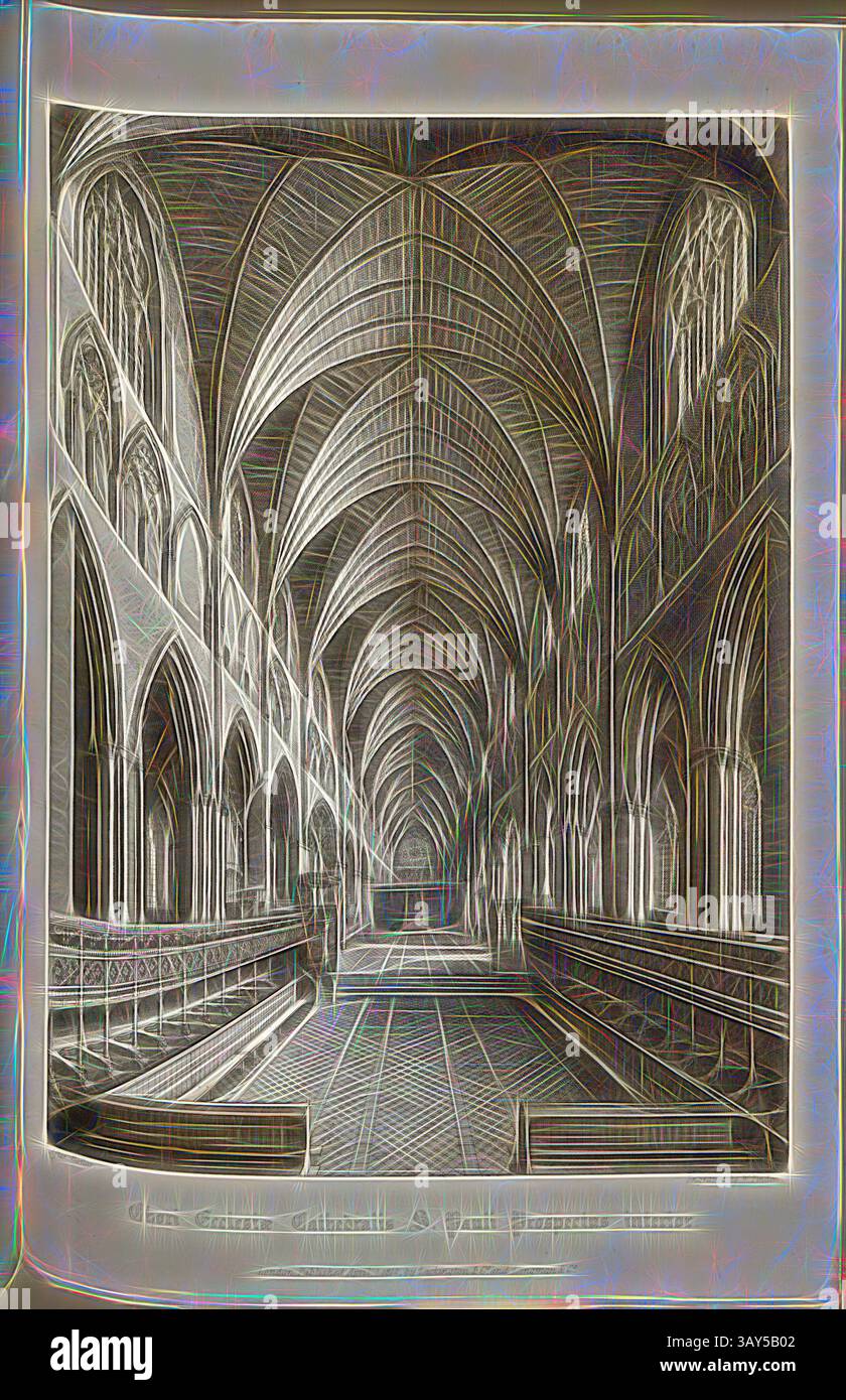 Un grand intérieur voûté d'une cathédrale présente des arcades complexes et une atmosphère sereine, avec une figure solitaire marchant le long de l'allée, évoquant un sentiment de paix et d'intemporalité., Choir of the Cathedral of the Inside perspective Paul, Choir of Old St Paul's Cathedral à Londres, signé : After Hollar ; gravé par W. Find ; publié par Lackington & Co. Et Longman & Co., PL. XLIII, à la p. 108, Hollar, Wenzel (dessin) ; Finden, W. (gravure) ; Lackington & Co (publ.) ; Longman & Co (publ.), William Dugdale, Henry Ellis : The history of Saint Paul's Cathedral in London, de Banque D'Images