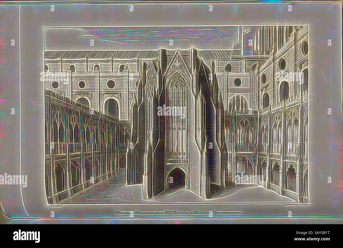 Une représentation architecturale étonnante mettant en valeur des détails gothiques complexes, des arches imposantes et une cour sereine, évoquant un sentiment de grandeur historique et artistique., Chapter House, Sri. Paul de midi perspective, chapitre de la cathédrale de la vieille cathédrale Saint-Paul de Londres, signé : après Hollar ; gravé par W. Find ; publié par Lackington & Co et Longman & Co, PL. XXXIII, p. 86, Hollar, Wenzel (dessin) ; Finden, W. (gravure) ; Lackington & Co (publ.) ; Longman & Co (publ.), William Dugdale, Henry Ellis : The history of Saint Paul's Cathedral in London, from its Foundation : Extract out of Banque D'Images