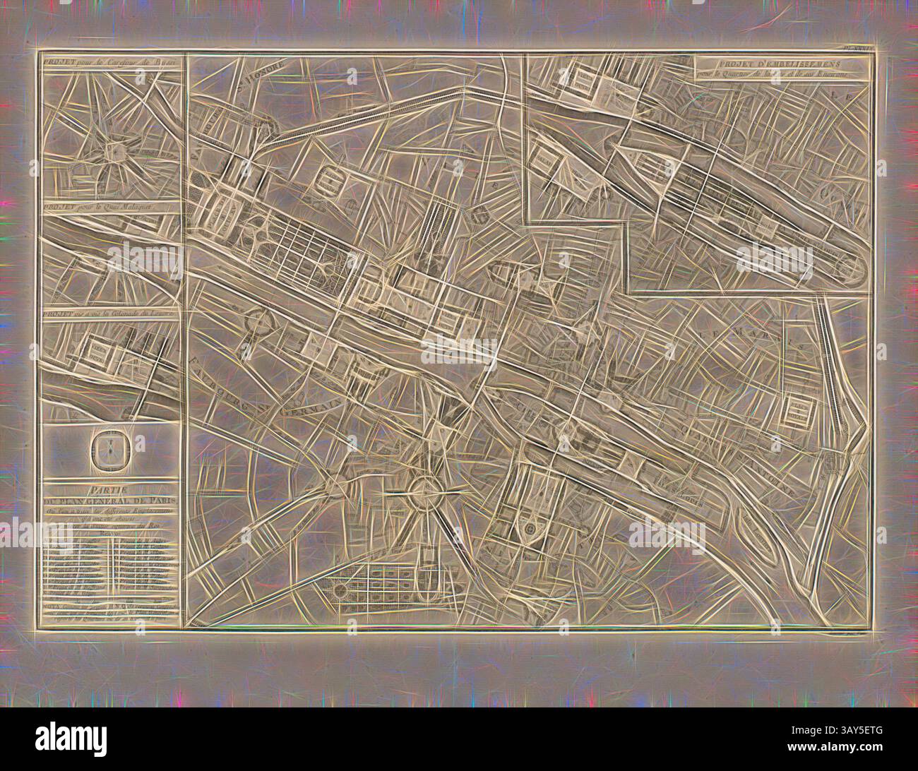 Une carte détaillée montrant la disposition d'une zone urbaine, avec des motifs de rues complexes, des points de repère et des caractéristiques notables marqués. La conception met en évidence divers quartiers et points d'intérêt importants, présentant une perspective historique de la ville., partie du Plan général de Paris, illustration d'un plan partiel de Paris du 18ème siècle, signé : dessiné par., patte, PL. XXXIX, après p. 186, patte, Pierre (del.), 1765, Pierre patte : Monumens érigés en France à la gloire de Louis XV. Paris : chez l'auteur : chez Desaint : chez saillant, 1765, Art classique avec une touche moderne réinventée par Banque D'Images