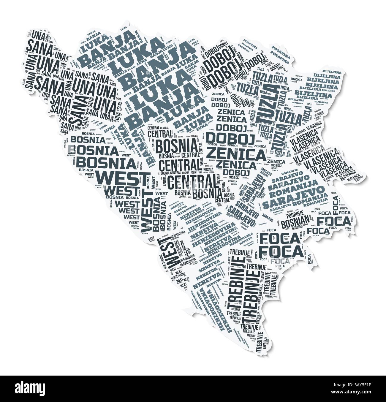 Nuage de texte de forme de Bosnie-Herzégovine. Frontière de pays avec ombre sur fond blanc. Illustration de Vecteur