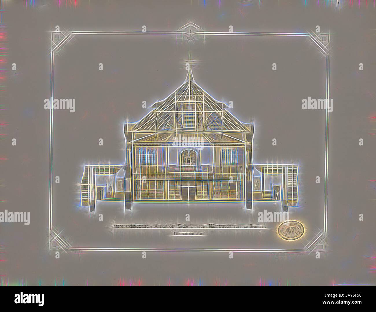 Un plan architectural stylisé avec un dessin détaillé d'un bâtiment, présentant des lignes complexes et des éléments structurels, accompagnés de bordures décoratives et d'un sceau en bas., vue architecturale intérieure de l'église dans le nouveau pénitencier pour hommes à Bruchsal, section transversale de l'église, regardant vers l'autel, signé : C. Heilig lith, Print of Fried., Gutsch, Tab. V, à la p. 33, Heilig, C. (lith.) ; Gutsch, Friedrich (Drucker), Julius August Füesslin : Das neue Männerzuchthaus Bruchsal, nach dem System der Einzelhaft in seinen baulichen Einrichtungen. Carlsruhe : en Commission BEI Banque D'Images