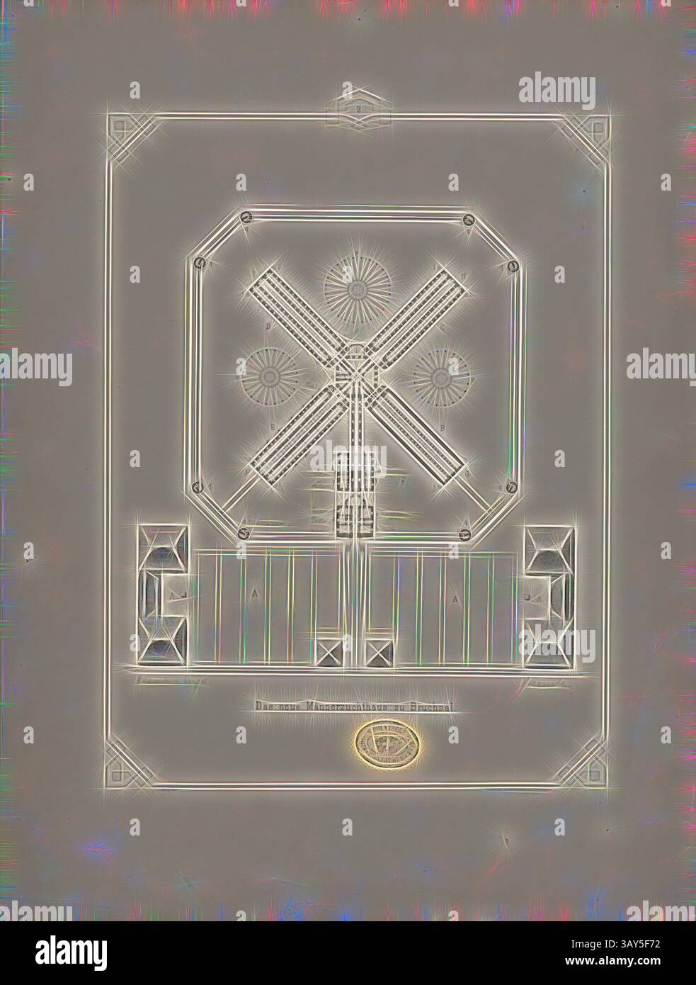 Un plan architectural détaillé présente un design symétrique avec des engrenages et des éléments circulaires, encadrés par des bordures ornées. La mise en page suggère un mécanisme complexe ou des machines, mettant l'accent sur la précision et l'ingénierie., la nouvelle maison d'élevage masculin à Bruchsal 1, plans d'étage des bâtiments de la maison d'élevage masculin à Bruchsal, signé : C. Heilig lith, Print by Friedr., Gutsch, Tab. II, p. 33, Heilig, C. (lith.) ; Gutsch, Friedrich (Drucker), Julius August Füesslin : Das neue Männerzuchthaus Bruchsal, nach dem System der Einzelhaft in seinen baulichen Einrichtungen. Carlsruhe : In Banque D'Images