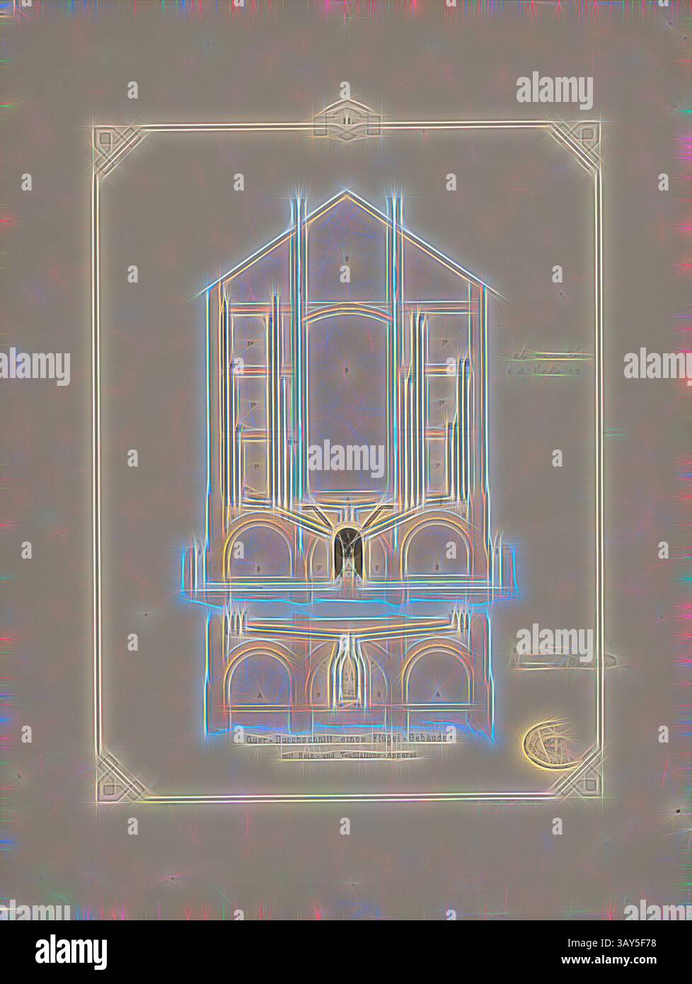 Une conception architecturale complexe avec une grande structure avec de grandes arches et des éléments décoratifs élaborés. L'aménagement met l'accent sur la symétrie et présente une entrée flanquée d'embellissements détaillés, mettant en évidence le savoir-faire artisanal de l'époque., section transversale d'un bâtiment d'aile avec appareils de chauffage et de ventilation, chauffage et ventilation dans la maison d'élevage des hommes à Bruchsal, signé : C. Heilig lith, Print of Fried., Gutsch, Tab. XI, à la p. 33, Heilig, C. (lith.) ; Gutsch, Friedrich (Drucker), Julius August Füesslin : Das neue Männerzuchthaus Bruchsal, nach dem System der Einzelhaft in Banque D'Images