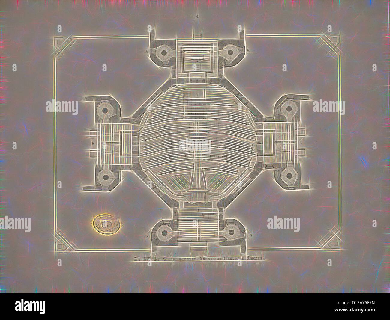 Un plan architectural détaillé présente un design ovale central entouré de motifs géométriques complexes et de structures symétriques, mettant en valeur un mélange de complexité et de précision dans son agencement., plan d'étage de l'église dans la nouvelle maison d'élevage masculin à Bruchsal, plan d'étage de l'église avec, a : synagogue, b : orgue, c : maison d'hôtes, d : galerie, e : chaire, f : autel, g : sacristie, signé : C. Heilig lith, pression de, Gutsch, Tab. IV, p. 33, Heilig, C. (lith.) ; Gutsch, Friedrich (Drucker), Julius August Füesslin : Das neue Männerzuchthaus Bruchsal, nach dem System der Einzelhaft in seinen Banque D'Images