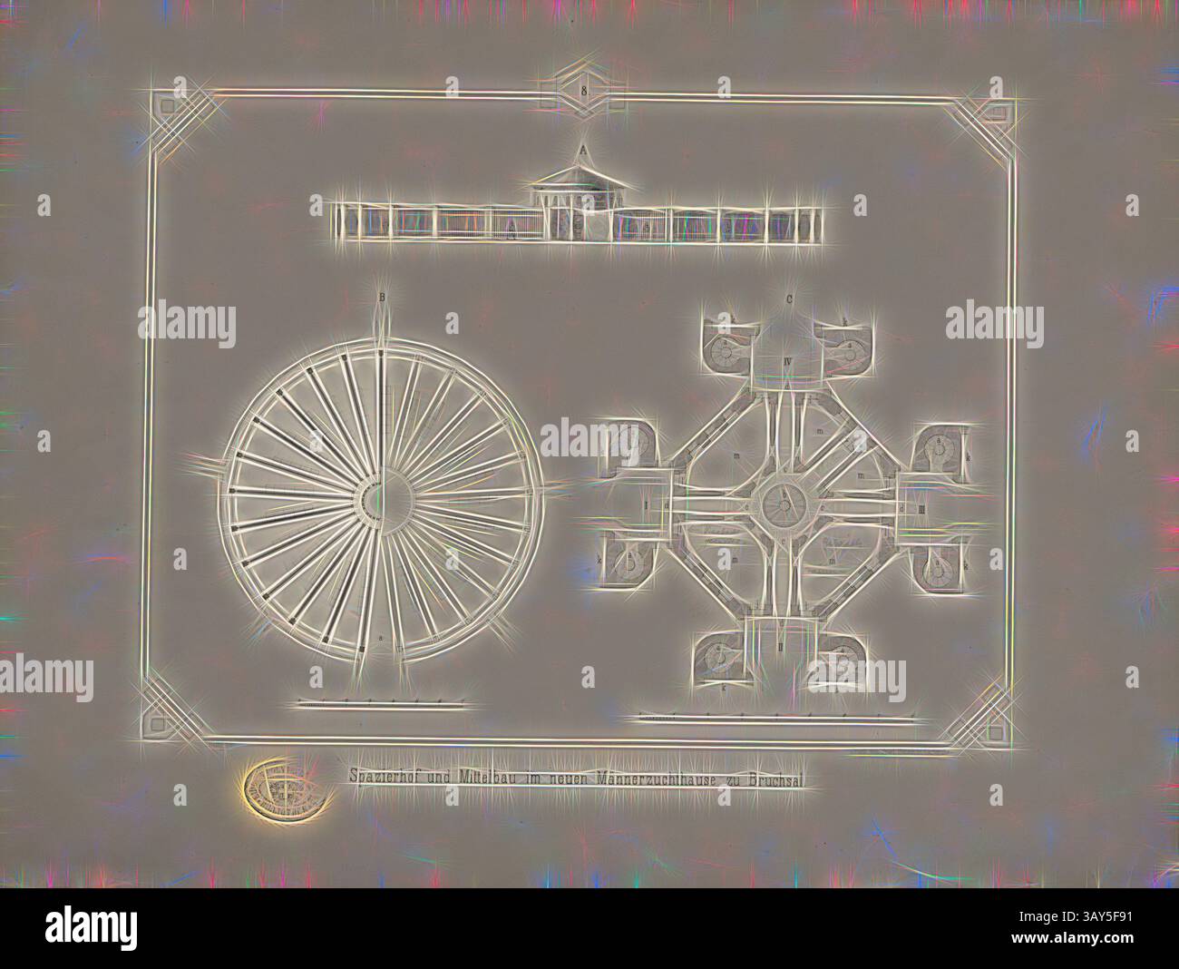 Un plan architectural stylisé avec un design de roue centrale et une structure symétrique, mis en évidence par des détails complexes et des motifs géométriques. La composition globale présente un mélange harmonieux de forme et de fonctionnalité, invitant à l'exploration de ses éléments uniques., cour de marche et bâtiment intermédiaire dans la nouvelle maison d'élevage de l'homme à Bruchsal, élévation et plan d'étage de la maison d'élevage des hommes à Bruchsal, signé : C. Heilig lith, Print of Fried., Gutsch, Tab. VIII, p. 33, Heilig, C. (lith.) ; Gutsch, Friedrich (Drucker), Julius August Füesslin : Das neue Männerzuchthaus Bruchsal Banque D'Images