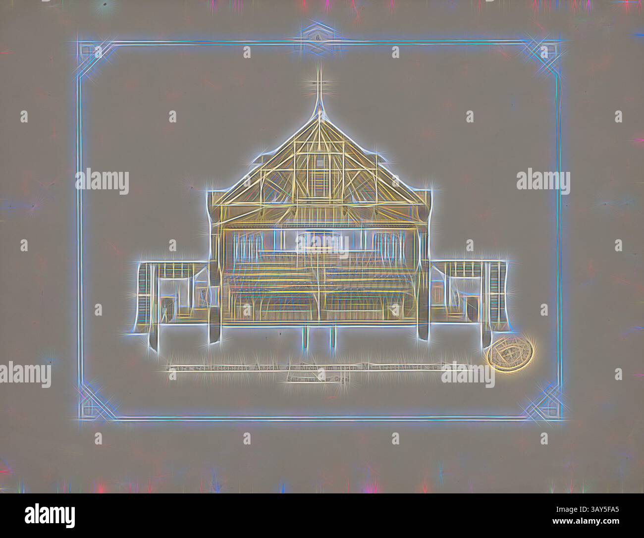 Une illustration artistique d'une structure traditionnelle avec des détails architecturaux complexes, mis en évidence par des contours brillants et des accents vibrants. La conception présente des poutres en bois et un toit distinctif, placés sur un fond légèrement texturé., vue architecturale intérieure de l'église dans le nouveau pénitencier pour hommes à Bruchsal, côté après l'orgue, coupe transversale de l'église regardant vers l'orgue, signé : C. Heilig lith, imprimé par Friedr., Gutsch, Tab. VI, à la p. 33, Heilig, C. (lith.) ; Gutsch, Friedrich (Drucker), Julius August Füesslin : Das neue Männerzuchthaus Bruchsal, nach dem System Banque D'Images