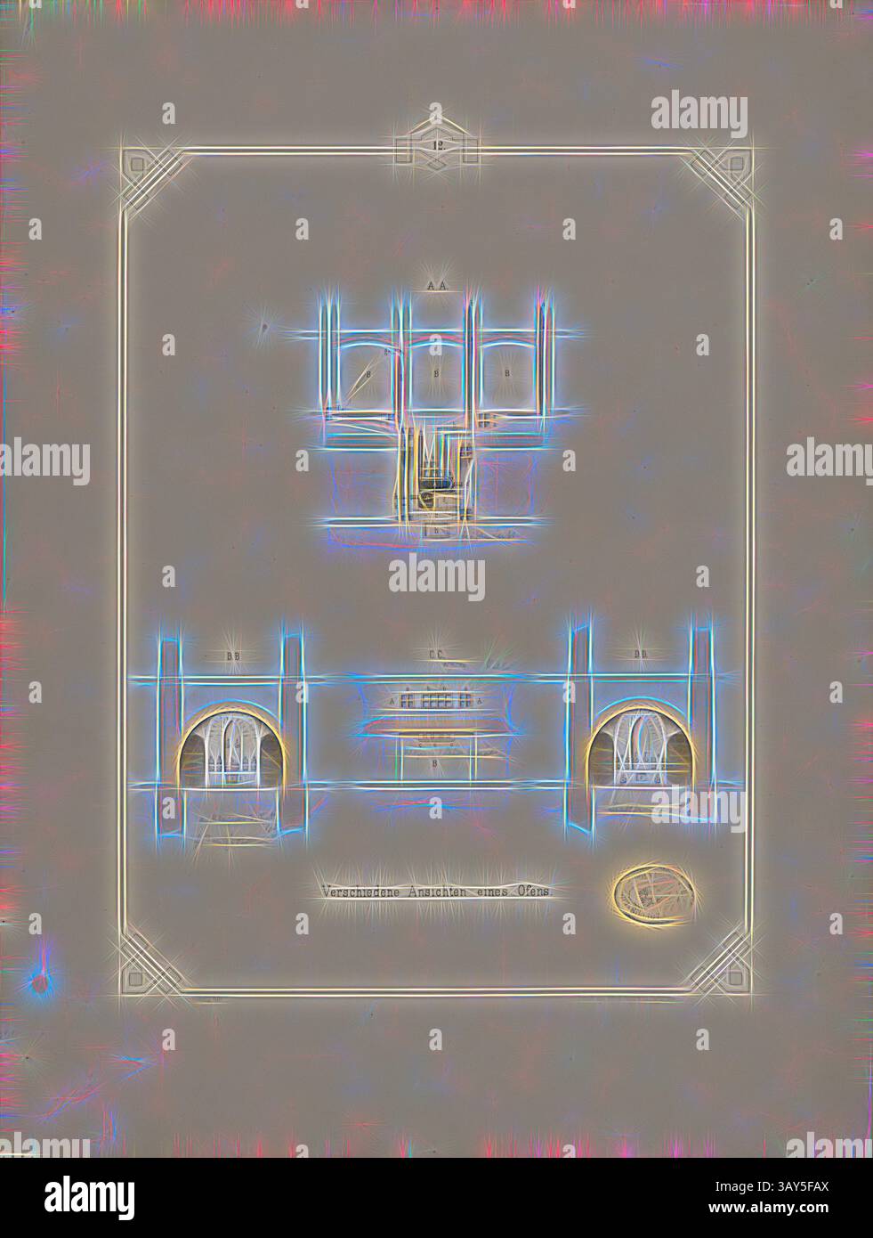 Une conception architecturale complexe mettant en valeur une structure centrale flanquée de deux entrées arquées, ornée de motifs géométriques stylisés et d'éléments décoratifs. La disposition met l'accent sur la symétrie et l'élégance, combinant des espaces fonctionnels avec des détails esthétiques., différentes vues d'un poêle, four dans la maison d'élevage des hommes à Bruchsal, signé : C. Heilig lith, Print of Fried., Gutsch, Tab. XII, p. 33, Heilig, C. (lith.) ; Gutsch, Friedrich (Drucker), Julius August Füesslin : Das neue Männerzuchthaus Bruchsal, nach dem System der Einzelhaft in seinen baulichen Einrichtungen. Carlsruhe : en Commission Banque D'Images