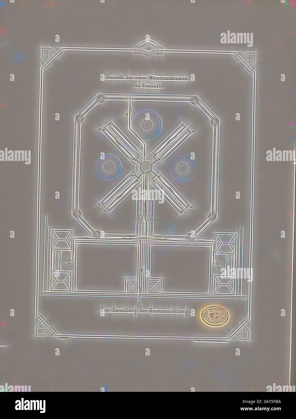 Un plan architectural détaillé avec un design géométrique complexe, avec diverses formes et symboles, avec un emblème circulaire dans le coin inférieur., plan d'étage de la nouvelle maison d'élevage masculin à Bruchsal, au Brunneleitung, Plan pour les conduites d'eau dans la maison d'élevage masculin à Bruchsal, signé : C. Heilig lith, imprimé par Friedr., Gutsch, Tab. X, à la p. 33, Heilig, C. (lith.) ; Gutsch, Friedrich (Drucker), Julius August Füesslin : Das neue Männerzuchthaus Bruchsal, nach dem System der Einzelhaft in seinen baulichen Einrichtungen. Carlsruhe : en Commission BEI Friedrich Gutsch Banque D'Images