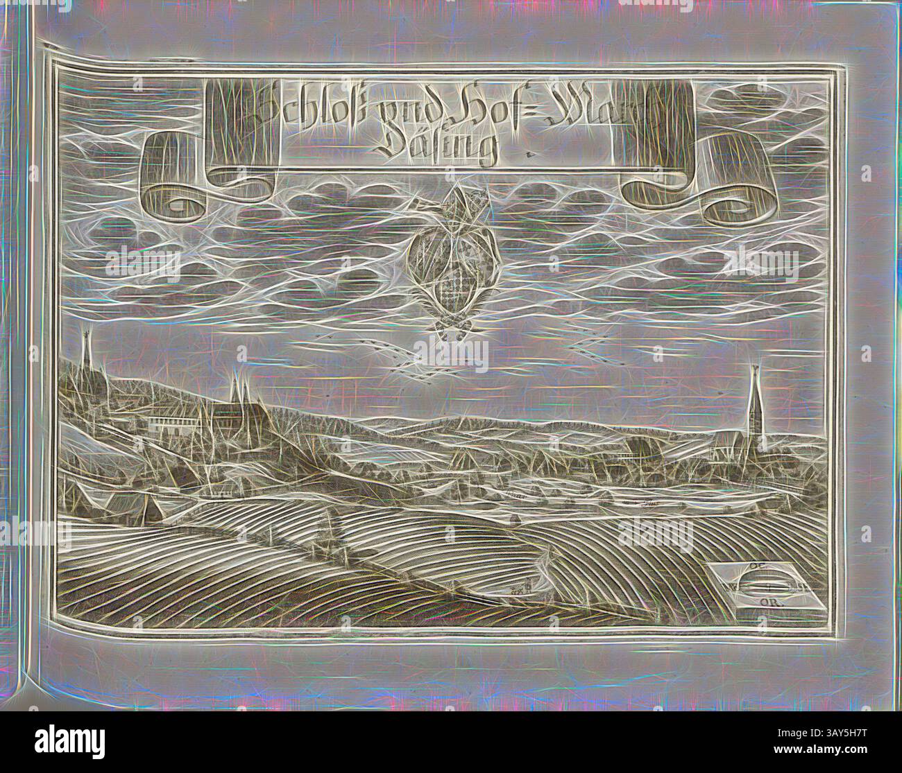 Un paysage complexe comprend des collines ondulantes, une ville lointaine et un clocher d'église proéminent, le tout sous un ciel spectaculaire. Des bannières décoratives ornent le haut, ajoutant une touche artistique à la scène sereine., Château et Hof-March Däsing, Schloss et Hofmark Dasing en Bavière (Allemagne), Fig. 108, p. 56, Wening, Michael (del. Et SC.), 1701, Michael Wening : Historico-topographica descriptio. Beschreibung, dess Churfürsten- und Hertzogthumbs Ober- und Nidern Bayrn, Welches in vier Theil oder rennt-Aembter, als Oberlands München und Burgkhausen, Underlands aber in Landshuet unnd Straubing Banque D'Images