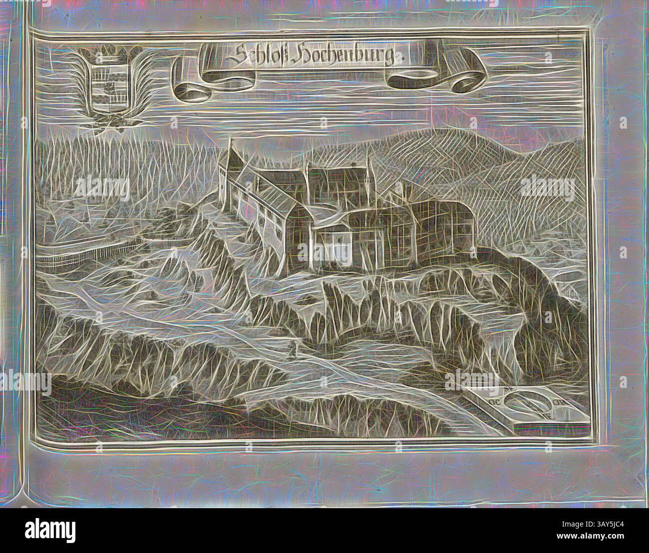 Une illustration complexe d'un château perché majestueusement sur un éperon rocheux, entouré de collines ondulantes et d'un paysage détaillé. La scène capture la grandeur de la structure avec ses tours et ses fortifications, évoquant un sens de l'histoire et de la force morale., Château Hochenburg, Château Hohenburg et Château à Lenggries en Bavière (Allemagne), Fig. 203, p. 108, Wening, Michael (del. Et SC.), 1701, Michael Wening : Historico-topographica descriptio. Das ist : Beschreibung, dess Churfürsten- und Hertzogthumbs Ober- und Nidern Bayrn, Welches in vier Theil oder rennt-Aembter, als Oberlands München und Banque D'Images