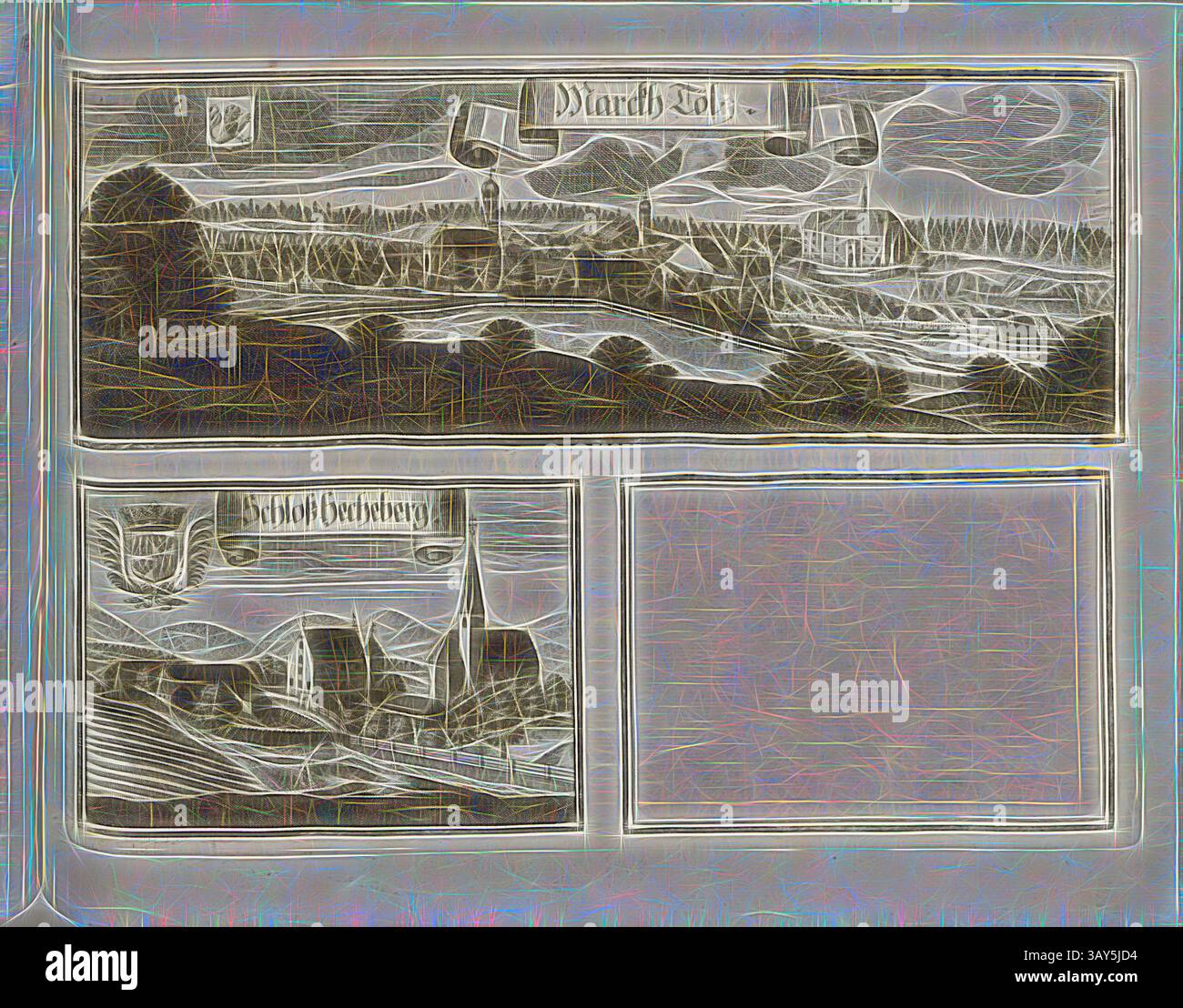 Un paysage serein mettant en valeur des collines ondoyantes et un village lointain, avec des éléments stylistiques qui soulignent le charme de la vie rurale. La scène présente un clocher d'église et des bâtiments pittoresques, complétés par un ciel spectaculaire et des lignes fluides. En haut, les bannières ajoutent une touche historique, suggérant un sens du lieu et du temps., Marcth Tölz et le château de Hecheberg, Bad Tölz et le château de Hechenberg à Dietramszell en Bavière (Allemagne), Fig. 202, p. 108, Wening, Michael (del. Et SC.), 1701, Michael Wening : Historico-topographica descriptio. Das ist : Beschreibung, dess Churfürsten- und Hertzogthumbs Ober- und Banque D'Images