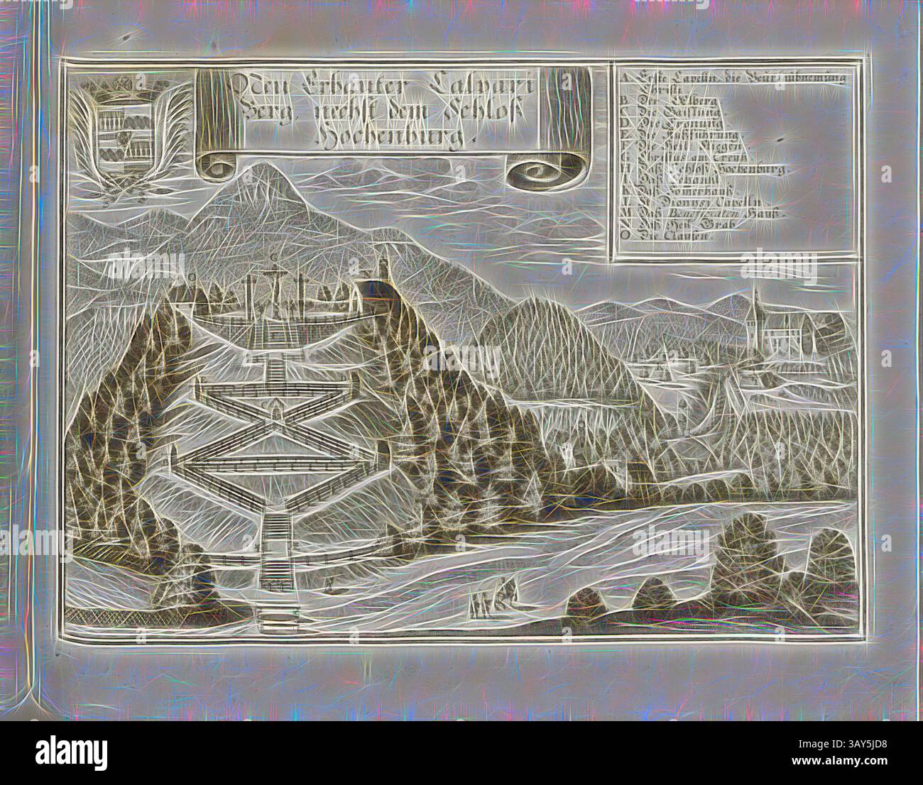 Une gravure détaillée représentant un paysage montagneux avec un grand château au sommet d'une colline. Une série de terrasses et de sentiers mènent à travers une végétation luxuriante, tandis que les gens se promènent le long des sentiers. La scène est encadrée par une bordure décorative avec des éléments héraldiques et diverses étiquettes indiquant des emplacements dans le paysage., Calvari Berg nouvellement construit à côté du château de Hochenburg, Kalverienberg et le château et château de Hohenburg à Lenggries en Bavière (Allemagne), Fig. 204, p. 108, Wening, Michael (del. Et SC.), 1701, Michael Wening : Historico-topographica descriptio. DAS ist : Beschreibung, dess Banque D'Images