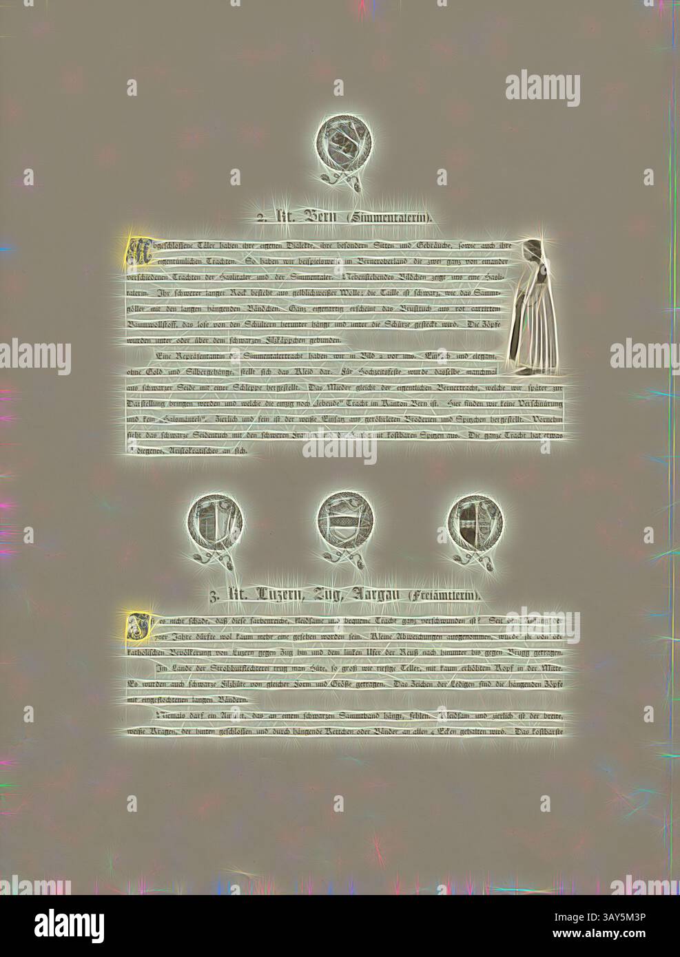 Un document détaillé présentant divers sceaux et symboles, ainsi que du contenu écrit qui semble décrire des informations ou des ententes importantes. La conception comprend des éléments décoratifs qui améliorent son apparence formelle., Simmentaler et blason KT. Lucerne, Zoug, Argovie, costume du Simmental dans le canton de Berne et armoiries des cantons de Lucerne, Zoug et Argovie, Fig. 8, p. 18, Ganz, Rudolf (Fotografische Aufnahmen) ; Polygraphisches Institut (Chromofotogravur), Rudolf Ganz, Julie Heierli : Die Schweizer-Trachten vom XVII-XIX Jahrhundert nach Originalien. Zürich : Brunner Banque D'Images