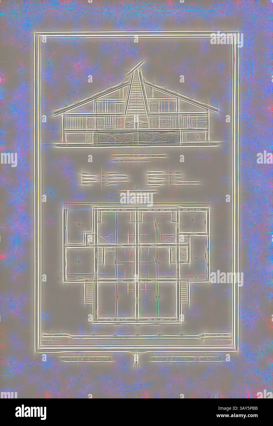 Un plan architectural détaillé présentant un design de bâtiment moderne, avec un agencement spacieux et une structure de toit distinctive. Le plan comprend des sections labellisées, symbolisant diverses pièces et zones fonctionnelles au sein de la structure., maison à habitation à Iseltwald 2, titre parallèle : Maison d'habitation à Iseltwald, moyen et plan d'étage d'une maison du XIXe siècle à Iseltwald, signé : Graffenried & Stürler del. & Publ., J. F. Wagner inct., Berne, planche II, après p. 20, Graffenried, Karl Adolf von (del. et publ.) ; Stürler, Gabriel Ludwig Rudolf (del. et publ.) ; Wagner, J. F. (inct.), Karl Banque D'Images