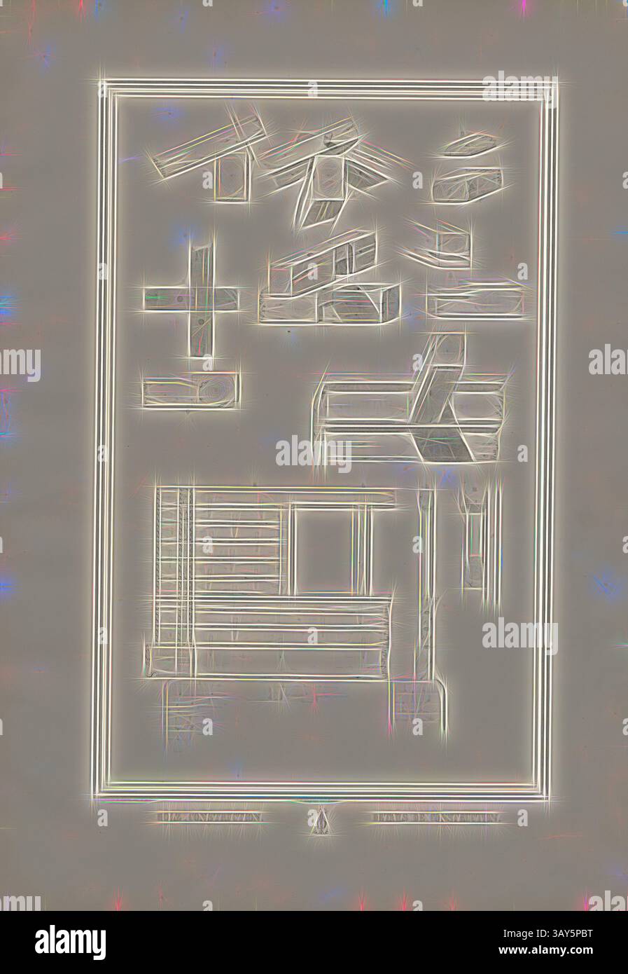Un design stylisé avec des formes et des lignes abstraites, créant un jeu captivant de formes qui évoquent un sens de la dimension et de la texture., Wood Construktion, titre parallèle : Détails de construction, illustration de diverses constructions en bois du XIXe siècle, signé : Graffenried & Stürler del. & Publ., J.F. Wagner inct., Berne, planche VII, après p. 20, Graffenried, Karl Adolf von (del. et publ.) ; Stürler, Gabriel Ludwig Rudolf (del. et publ.) ; Wagner, J. F. (inct.), Karl Adolf von Graffenried, Gabriel Ludwig Rudolf Stürler : architecture suisse ou choix de maisons rustiques des alpes Banque D'Images