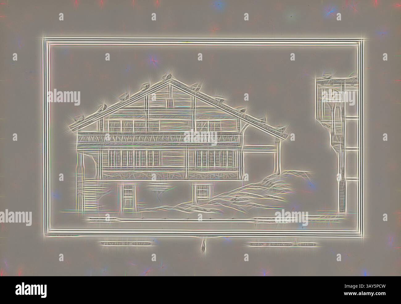 Une illustration architecturale détaillée présente un bâtiment traditionnel avec un toit en pente, des détails en bois complexes et un paysage environnant. La conception met l'accent sur la symétrie et l'artisanat, soulignant l'importance culturelle de la structure., Maison à Oberried 1, titre parallèle : Maison d'habitation à Oberried, illustration d'une maison du XIXe siècle à Obberried sur le lac de Brienz, signée : Graffenried & Stürler del. & Publ., J. F. Wagner inct., Berne, planche XI, après p. 20, Graffenried, Karl Adolf von (del. et publ.) ; Stürler, Gabriel Ludwig Rudolf (del. et publ.) ; Wagner, J. F. (inct Banque D'Images