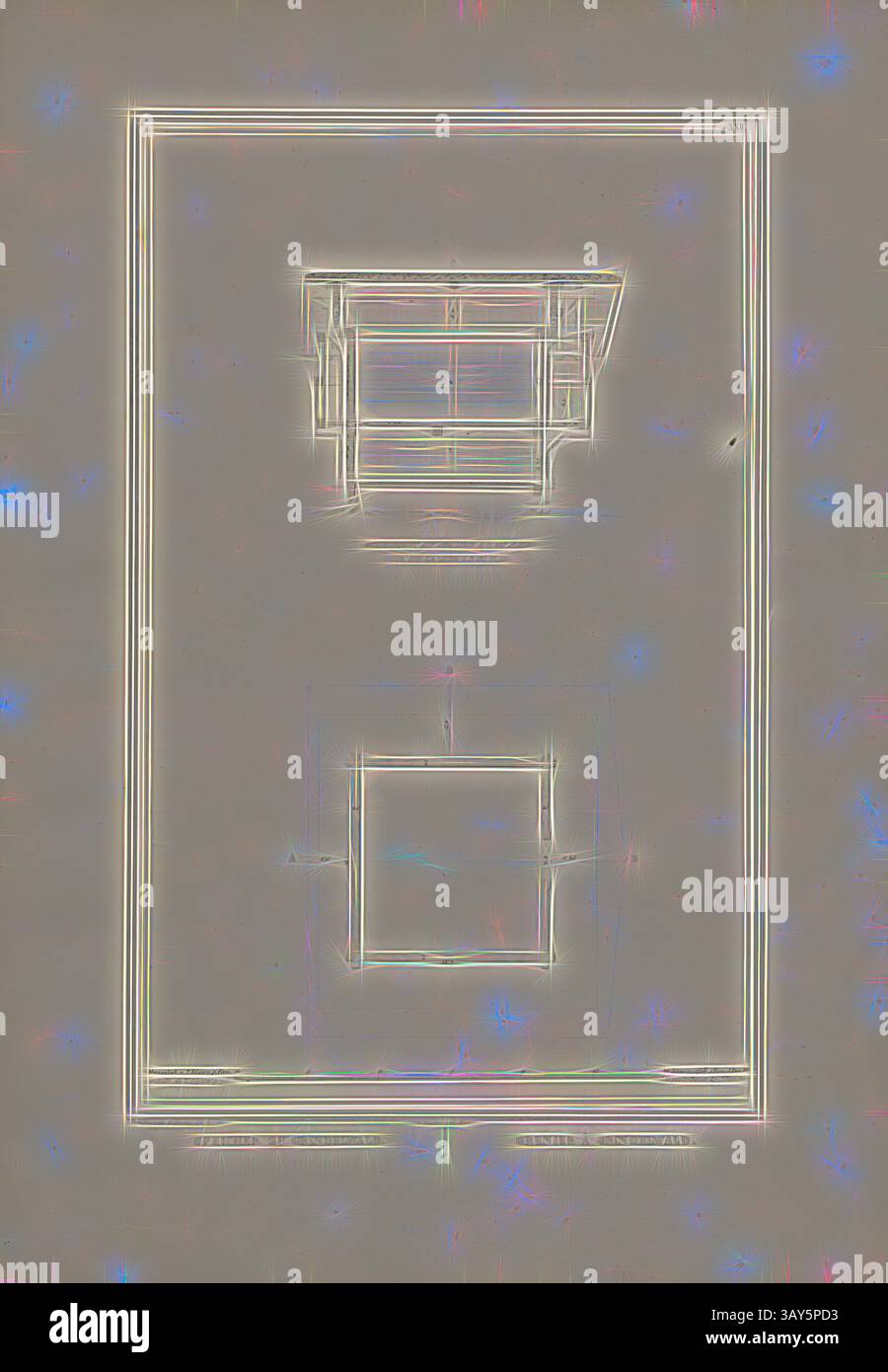 Un design minimaliste avec une représentation abstraite de formes géométriques, avec une forme rectangulaire proéminente en haut et un carré plus petit positionné au centre en dessous. Les lignes complexes créent une douce lueur autour des formes, ajoutant une sensation de profondeur., mémoire à Grindelwald 2, titre parallèle : Grenier à Grindelwald, coupe et plan de sol de la mémoire à Grindelwald du XIXe siècle, signé : Graffenried & Sturler del. & Publ., J.F. Wagner inct., Berne, planche XXII, après p. 20, Graffenried, Karl Adolf von (del. et publ.) ; Stürler, Gabriel Ludwig Rudolf (del. et publ.) ; Wagner, J. F. Banque D'Images