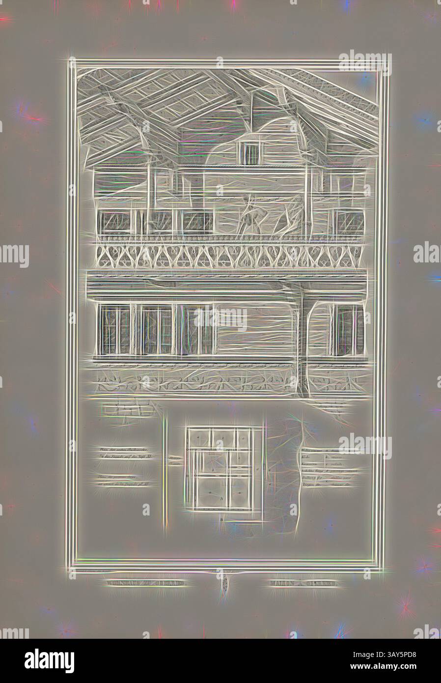 Un bâtiment rustique avec un extérieur en bois dispose d'un balcon spacieux orné de balustrades complexes. De grandes fenêtres invitent à la lumière dans la structure, tandis que la conception globale reflète l'artisanat traditionnel., Maison à Oberried 2, titre parallèle : Maison à Oberried, illustration de la pièce maîtresse de la façade et plan de sol de l'immeuble résidentiel à Oberried du XIXe siècle, signé : Graffenried & Stürler del. & Publ., J. F. Wagner inct., Berne, planche XI, à la p. 20, Graffenried, Karl Adolf von (del. et publ.) ; Stürler, Gabriel Ludwig Rudolf (del. et publ.) ; Wagner, J. F. (inct Banque D'Images