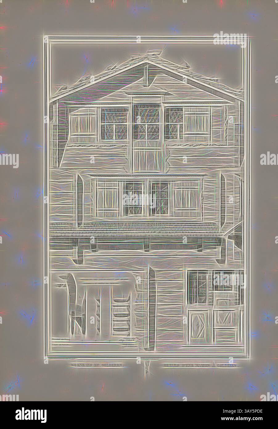Représentation stylisée d'un bâtiment de deux étages avec plusieurs fenêtres et un toit bien en vue, entouré d'une bordure décorative. La structure présente une combinaison d'éléments architecturaux et de détails complexes., maison résidentielle à Golderen, titre parallèle : Détails d'une maison à Golderen, image du XIXe siècle de la façade d'un immeuble résidentiel à Golderen, signé : Graffenried & Stürler del. & Publ, J.F., Wagner inct., Berne, planche XV, après p. 20, Graffenried, Karl Adolf von (del. et publ.) ; Stürler, Gabriel Ludwig Rudolf (del. et publ.) ; Wagner, J. F. (lith.), Karl Adolf von Banque D'Images