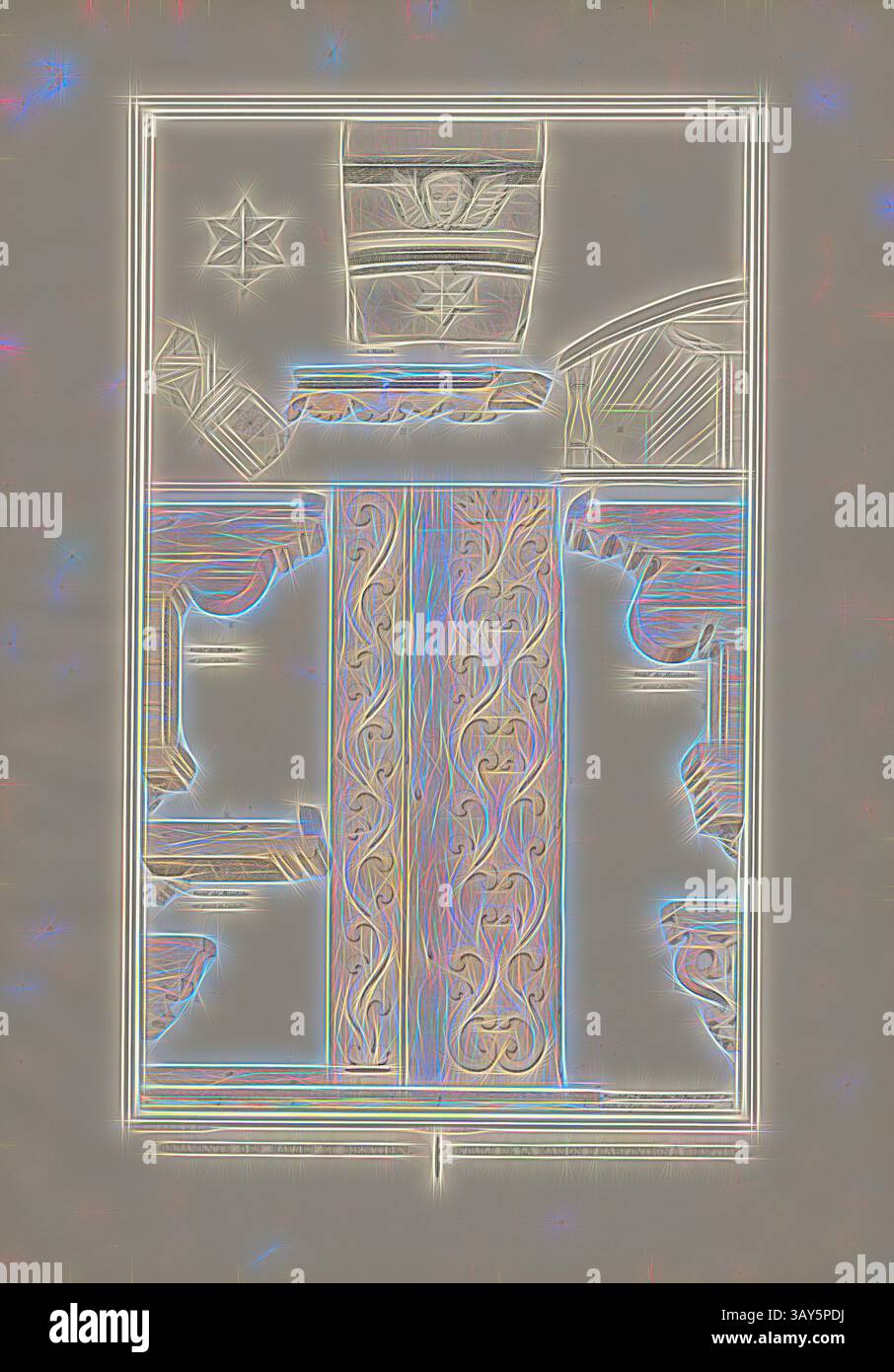 Un design complexe avec une colonne centrale ornée de motifs élaborés et flanquée d'éléments ornés. Au-dessus, un motif étoilé ajoute une touche d'élégance, tandis que la composition globale suggère un mélange de sophistication et d'art., ornements de la maison à Diemtigen 3, titre parallèle : Détails de la maison d'habitation à Diemtigen, illustration des ornements et décoration en bois de la maison de Diemtigen du 19ème siècle, signé : Graffenried & Stürler del. & Publ., J. F. Wagner inct., Berne, planche XXVII, après p. 20, Graffenried, Karl Adolf von (del. et publ.) ; Stürler, Gabriel Banque D'Images
