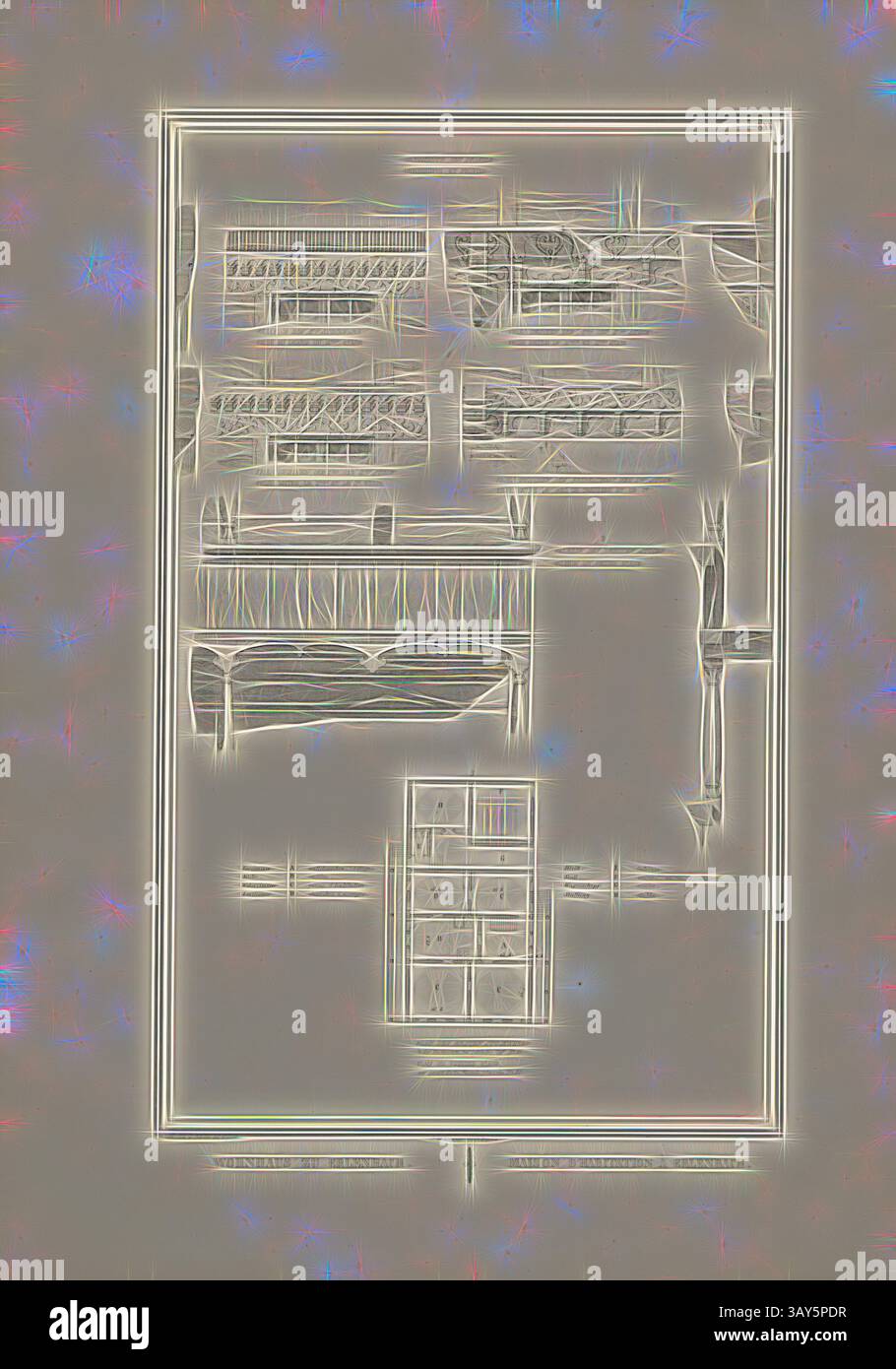 Un plan détaillé avec de multiples espaces interconnectés, chacun étiqueté avec des contours et des motifs distincts, mettant en valeur une conception architecturale réfléchie., maison à Erlenbach 2, titre parallèle : Maison d'habitation à Erlenbach, illustration des ornements en bois et plan d'étage du bâtiment résidentiel à Erlenbach du 19ème siècle, signé : Graffenried & Stürler del. & Publ., J.F. Wagner inct., Berne, planche XXXI, après p. 20, Graffenried, Karl Adolf von (del. et publ.) ; Stürler, Gabriel Ludwig Rudolf (del. et publ.) ; Wagner, J. F. (lith.), Karl Adolf von Graffenried Banque D'Images
