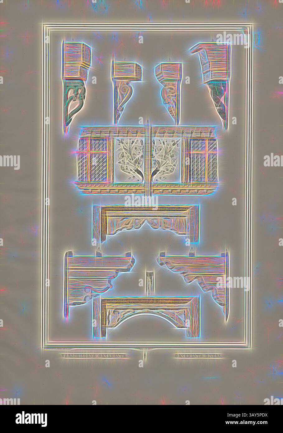 Un design complexe met en valeur des meubles ornés, avec des sculptures élaborées et des motifs décoratifs. La mise en page affiche un arrangement harmonieux d'éléments, mêlant artisanat et expression artistique., divers ornements 2, titre parallèle : ornements divers, illustration de divers ornements et ornements en bois du Simmental du XIXe siècle, signé : Graffenried & Stürler del. & Publ., J.F. Wagner inct., Berne, planche XXIX, après p. 20, Graffenried, Karl Adolf von (del. et publ.) ; Stürler, Gabriel Ludwig Rudolf (del. et publ.) ; Wagner, J. F. (lith.), Karl Adolf von Banque D'Images