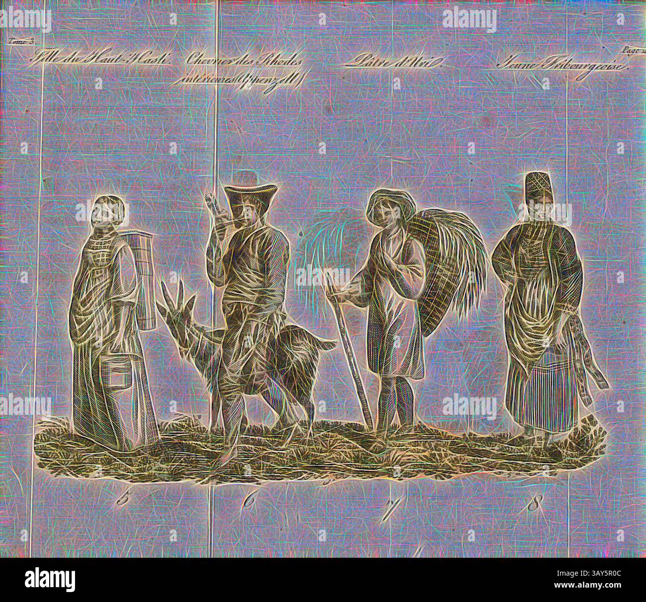 Un groupe de quatre personnages se tiennent dans une rangée, chacun vêtu d'une tenue traditionnelle distinctive. Ils sont accompagnés d'une chèvre, et chaque individu détient divers outils ou symboles qui suggèrent différentes professions ou rôles. La scène est richement détaillée, capturant des éléments du patrimoine culturel et de la vie communautaire., costumes de fermier des cantons de Berne, Appenzell Innerrhoden, Uri et Fribourg, costumes de paysan des cantons de Berne, Appenzell Innerrhoden, Uri et Fribourg, pl. 3, à p. 108 (vol. 3), Georg Bernhard Depping, la Suisse ou tableau historique, pittoresque et moral des cantons Banque D'Images