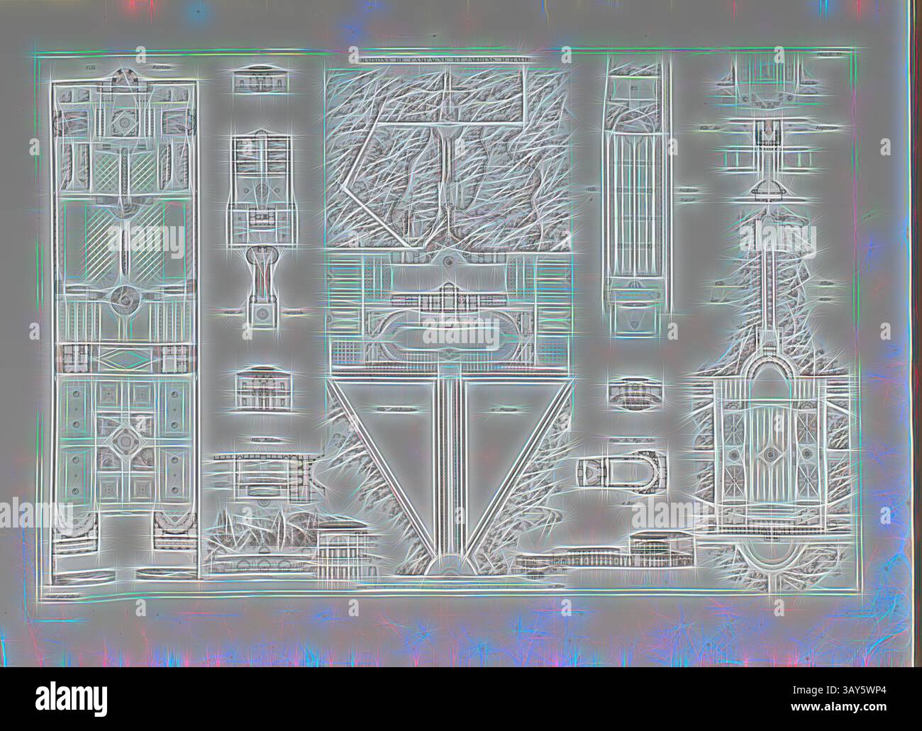 Un plan détaillé avec des conceptions géométriques complexes et des éléments architecturaux, mettant en valeur diverses structures, agencements et motifs., maisons de campagne et jardins italiens, Villas et jardins italiens, signé : gravé par Baltard, PL. 53, p. 115, Baltard (gravé), Jean-Nicolas-Louis Durand : Recueil et parallèle des édifices de tout genre, anciens et modernes, remarquable par leur beauté, par leur grandeur ou par leur singularité, et dessinés sur une même échelle. Paris : chez l'auteur, 1801, Art classique avec une touche moderne réinventé par Artotop Banque D'Images