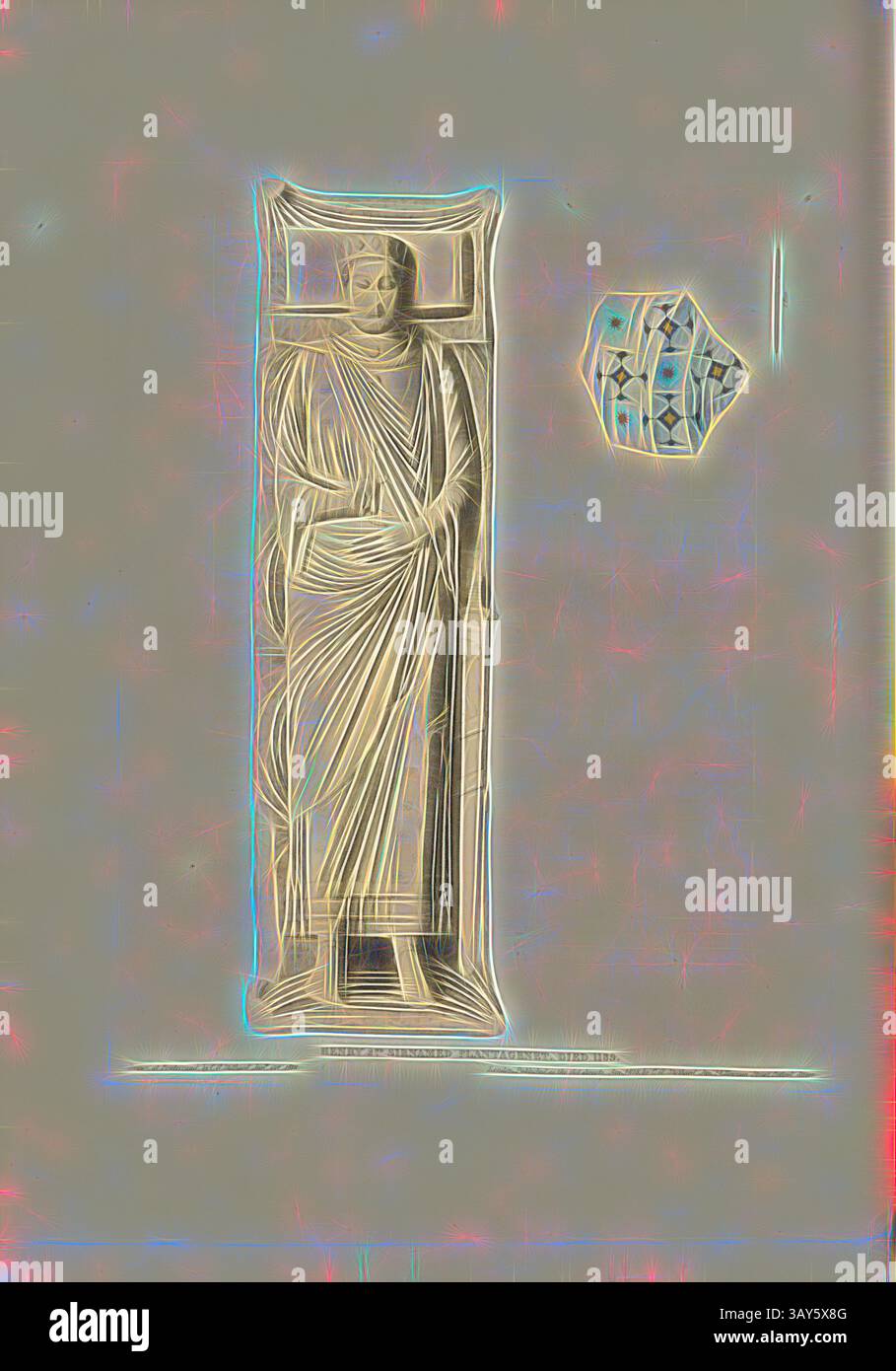 Une figure stylisée drapée de vêtements fluides se dresse à côté d'une forme géométrique, rayonnant tous deux avec des lignes et des motifs complexes. La figure dégage un sentiment de calme et de dignité, tandis que la forme adjacente ajoute un élément de contraste., Henry 2.e Sirnamed Plantagenet, mort en 1189, Tombeau d'Henri II (Henry Plantagenet) dans l'abbaye de Fontevrault, signé : dessiné par C.A. Stothard ; C.A. Stothard, Fig. 7, 4, après p. 4, Stothard, Charles Alfred (dessiné et publ.), Charles Alfred Stothard, Alfred John Kempe : les effigies monumentales de la Grande-Bretagne : sélectionné parmi nos cathédrales et églises, pour le but de Banque D'Images