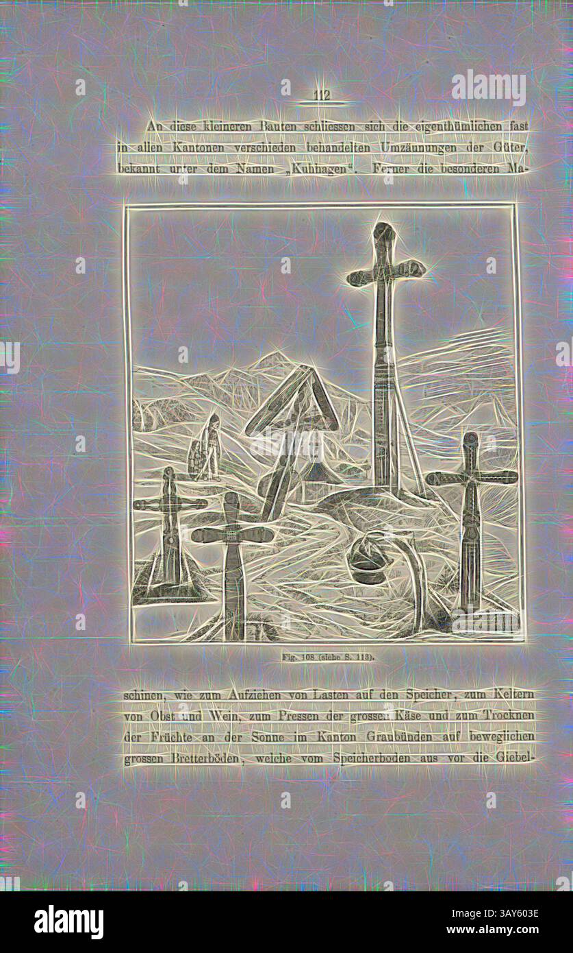 Un paysage serein présente plusieurs croix éparpillées sur un vaste terrain vallonné, accompagné d’une représentation stylisée de collines et d’un ciel nuageux, évoquant un sentiment de solitude et de contemplation. La scène suggère des thèmes de spiritualité et de réflexion., cimetière de Suisse centrale, Fig. 108, p. 112, 1885, Ernst Gladbach : Die Holz-Architectur der Schweiz, 2. Aufl. Zürich & Leipzig : Orell Füssli, 1885, Art classique avec une touche moderne réinventé par Artotop Banque D'Images