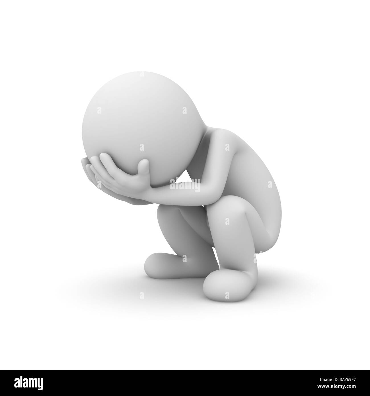 Mains d'homme blanc 3D minimes déprimées couvrant son visage et assis sur le sol isolé sur fond blanc avec rendu 3D d'ombre Banque D'Images