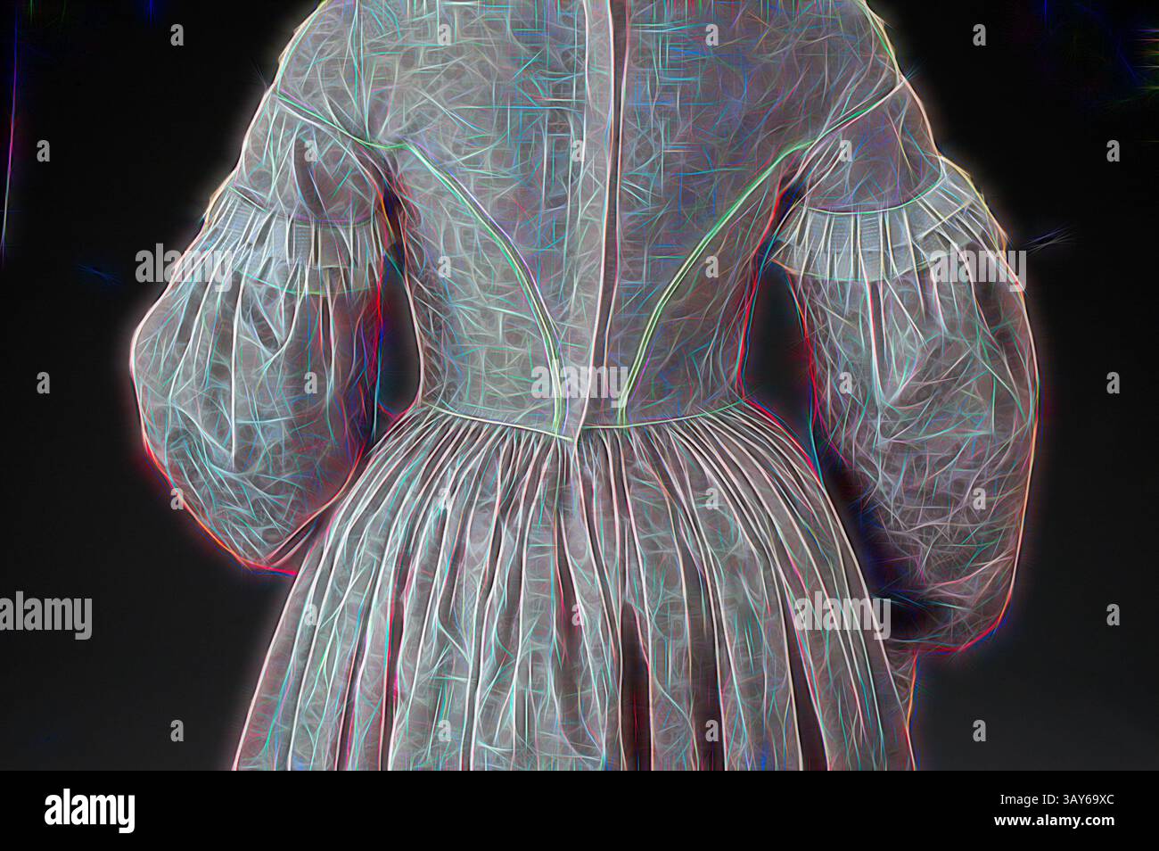 Une robe vintage aux détails complexes, avec des manches volumineuses et une jupe finement plissée, met en valeur un design délicat et éthéré. Le vêtement est mis en valeur par un contour vibrant qui accentue sa structure et sa texture., robe, inconnu, Designer, 1837, soie, doublure coton, l : 51 po., textile et Arts de la mode, Art classique avec une touche moderne réinventée par Artotop Banque D'Images