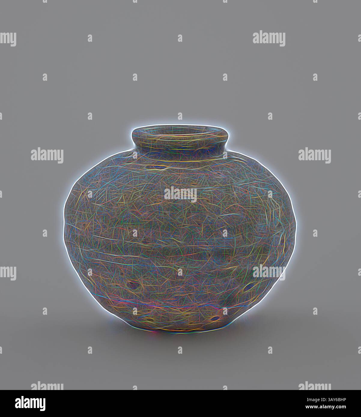 Un pot rond texturé avec un col étroit, rayonnant des lignes colorées qui lui donnent une qualité fantaisiste et éthérée., pot, 1300-1399, Green Glaze, 2-5/8 h, art asiatique, art classique avec une touche moderne réinventée par Artotop Banque D'Images