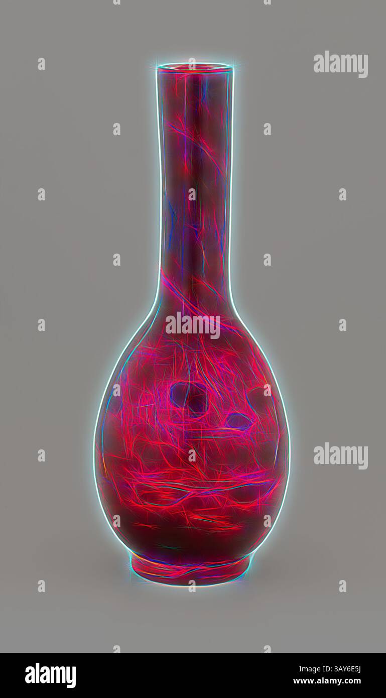 Un grand vase élancé avec un motif tourbillonnant de couleurs vibrantes et de lignes brillantes, créant un effet éthérée et abstrait., vase, verre rouge, 8-1/8 H, Art asiatique, art classique avec une touche moderne réinventé par Artotop Banque D'Images
