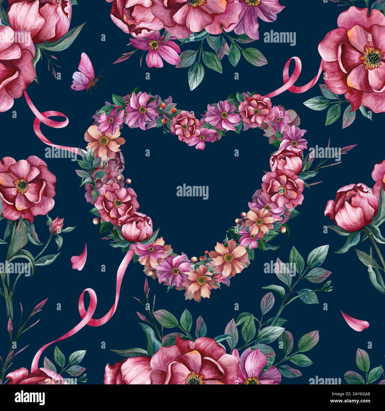 Fleurs en forme de coeurs motif floral sans couture. Illustration aquarelle sur fond bleu foncé. Ornement dessiné à la main pour papier d'emballage, emballage Banque D'Images