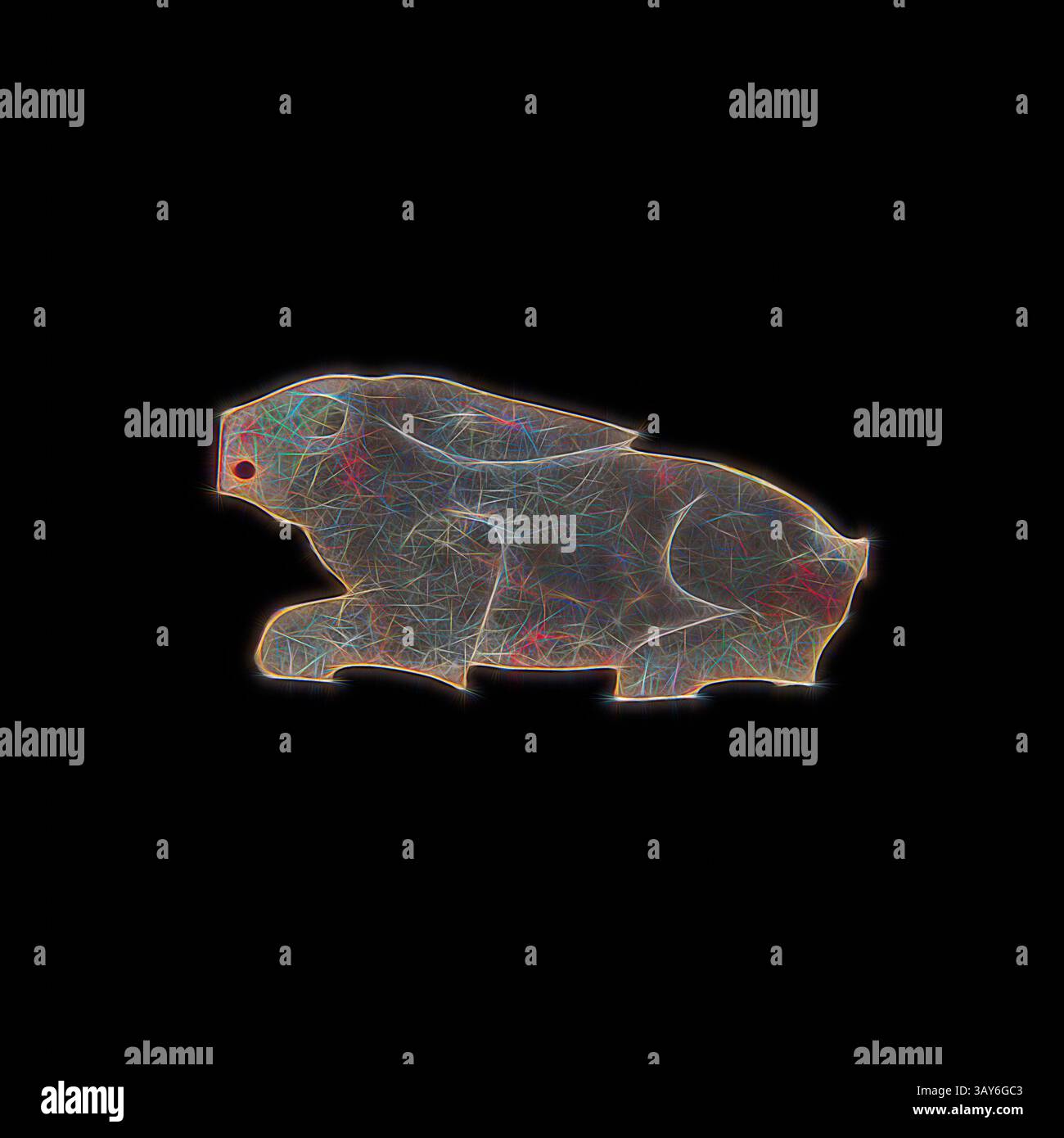 Une silhouette stylisée de lapin, subtilement remplie de lignes vibrantes, enchevêtrées et de bords brillants, transmet un sentiment de mouvement dynamique sur un fond sombre., lapin, dynastie Zhou occidentale, dynastie Zhou occidentale, vers 1000 av. J.-C., Nephrite, l : 2-3/8 po., Art asiatique, Art classique avec une touche moderne réinventée par Artotop Banque D'Images