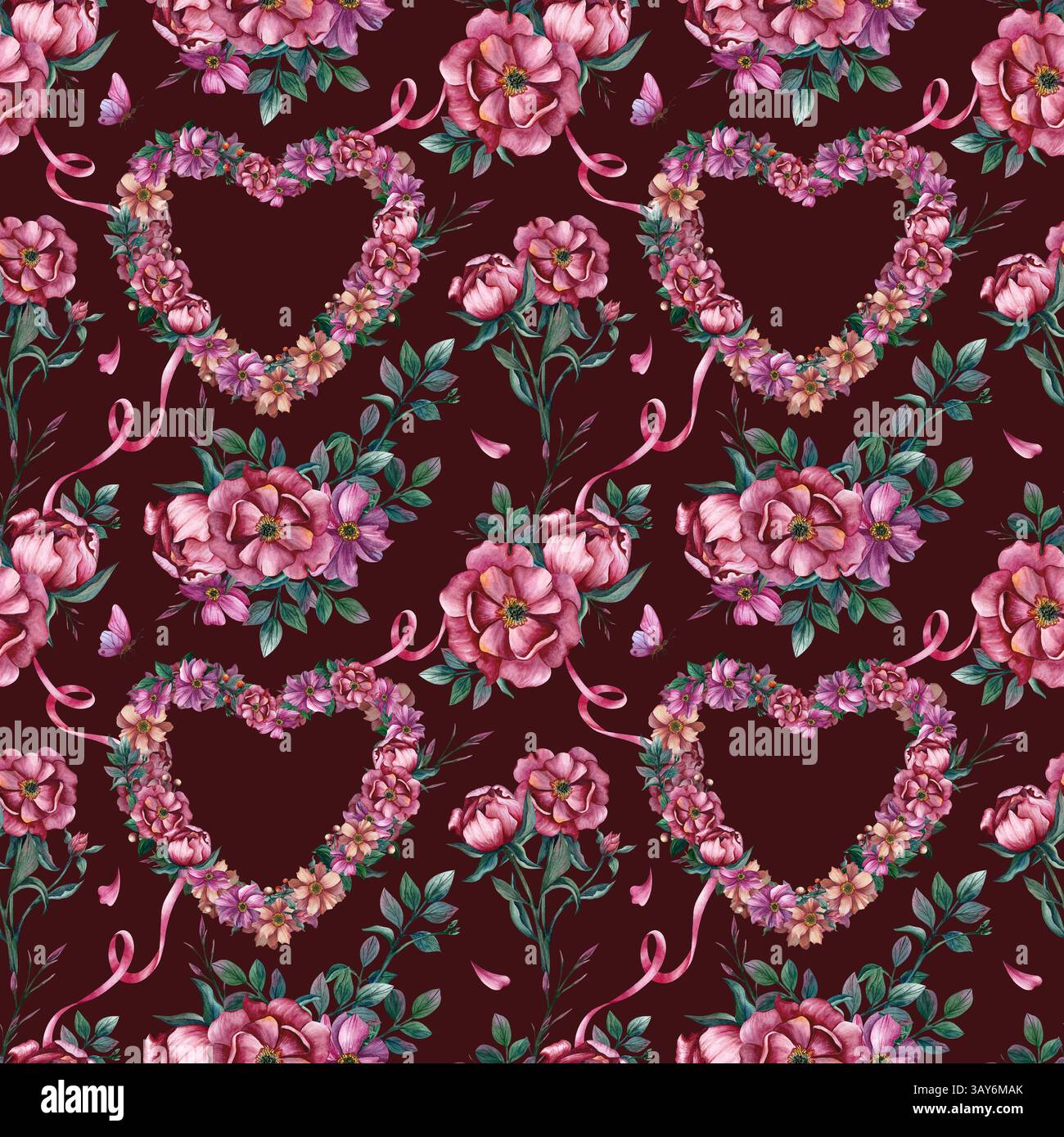 Couronne à motif floral de fleurs en forme de coeur. Illustration aquarelle isolée sur fond marron. Ornement répété dessiné à la main pour l'emballage Banque D'Images