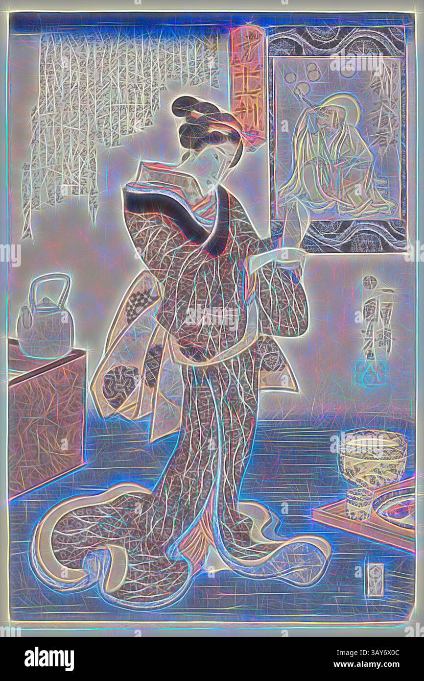 Une figure gracieuse en tenue traditionnelle se dresse au milieu d'objets élégamment agencés, avec des motifs complexes et des couleurs vives entourant une scène sereine qui suggère la profondeur culturelle et artistique., petit profit, Grande perte (MyÅ densu), Utagawa Kuniyoshi (Japonais, 1798-1861), Edo, 1847, encre sur papier, impression couleur sur bois, 14-3/4 x 9-3/4 po., Ichiryusai Kuniyoshi GA, série, seize merveilleuses considérations de profit, Art asiatique, Art classique avec une touche moderne réinventée par Artotop Banque D'Images